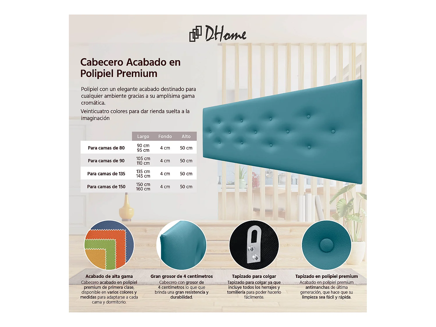 DHOME Tête de Lit en Similicuir avec 3 Rangées de Boutons Entrelacées Tête de Lit Rembourrée de Luxe (Turquoise, 145cm)