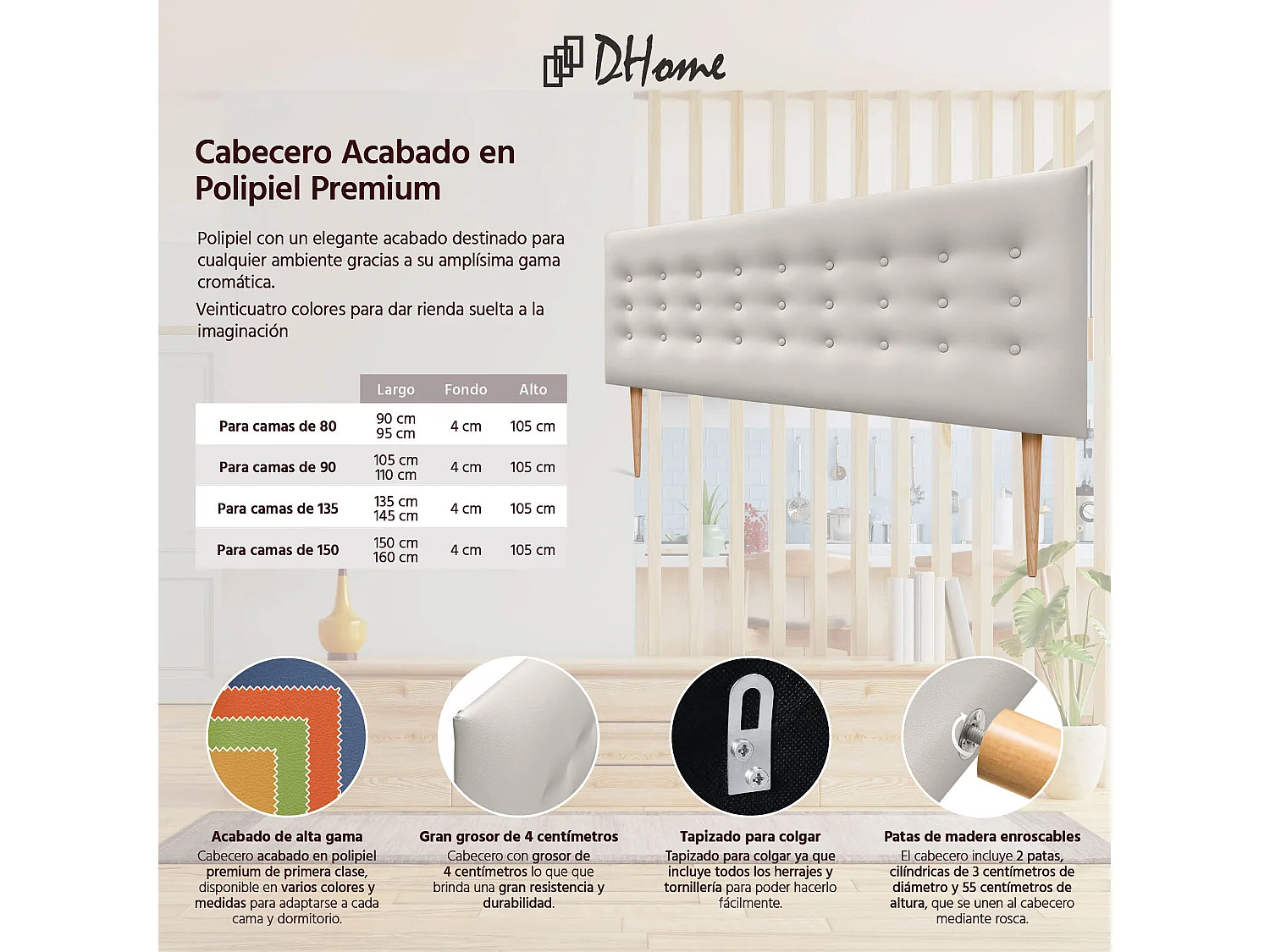 DHOME Testiera in ecopelle con 3 file di bottoni Testiera imbottita per letto di lusso (Bianco, 145cm)