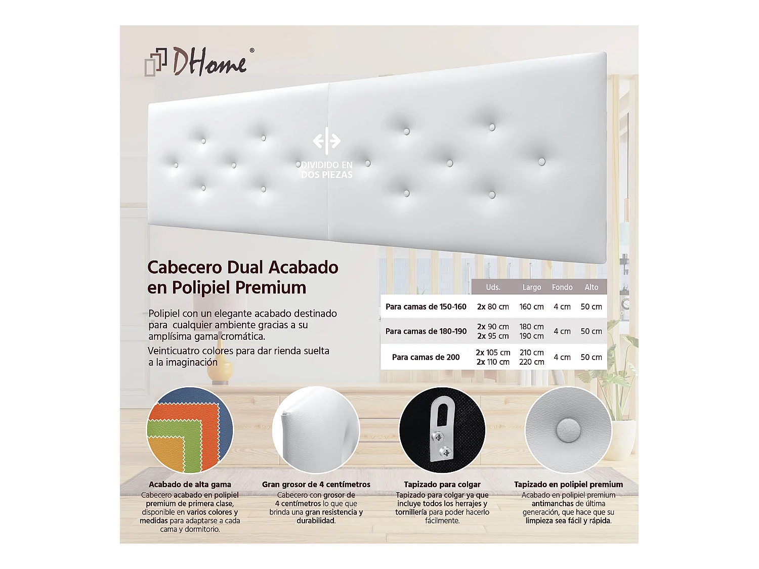 DHOME Tête de Lit en Similicuir avec 3 Rangées de Boutons Entrelacées Tête de Lit Rembourrée de Luxe (Blanc, 180cm (2 pièces))