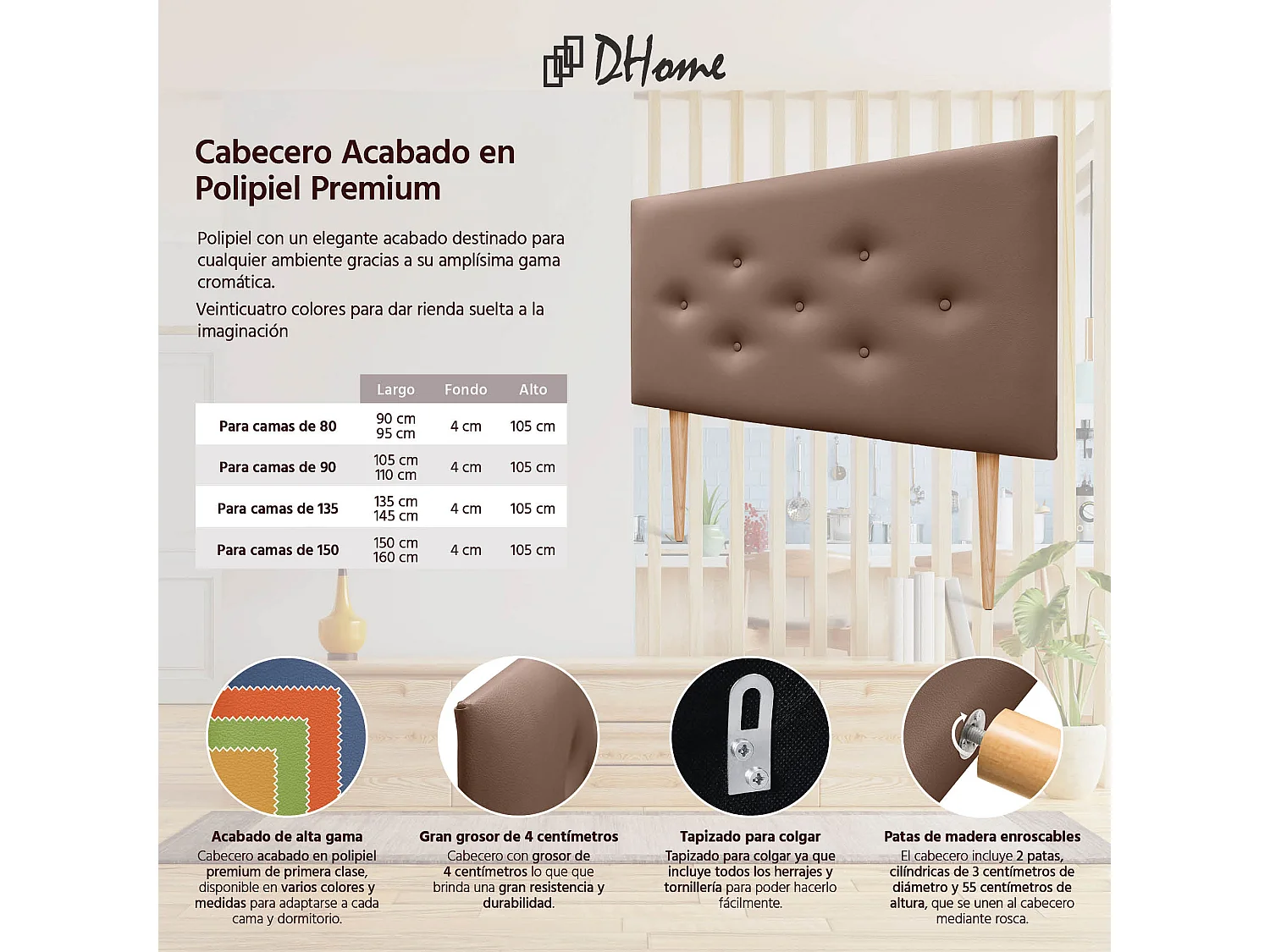 DHOME Tête de lit en simili cuir avec 3 rangées de boutons entrelacés Tête de lit rembourrée pour lit de luxe (Argile, 90cm)