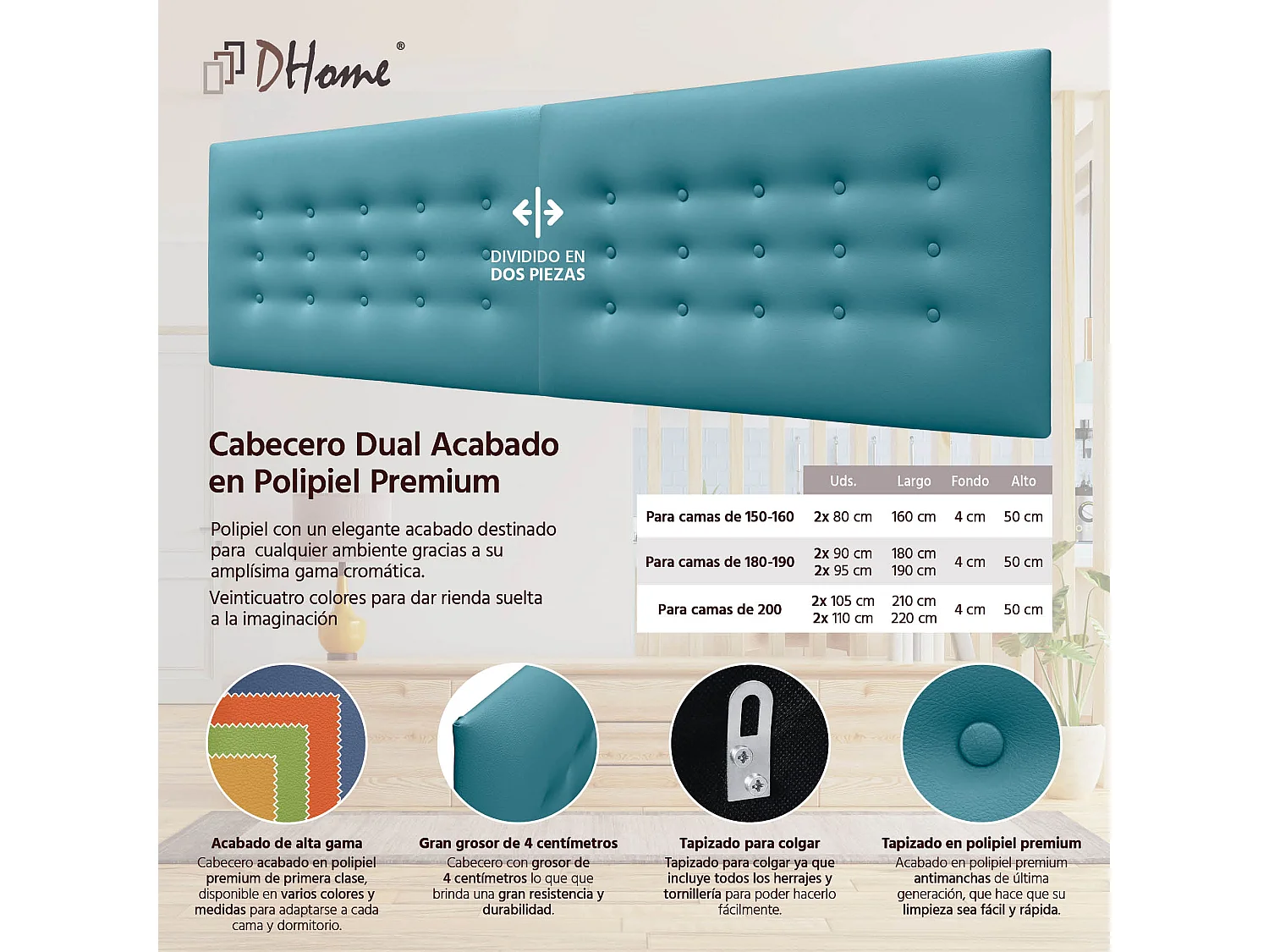 DHOME Tête de Lit en Similicuir avec 3 Rangées de Boutons Tête de Lit Rembourrée de Luxe (Turquoise, 210cm (2 pièces))