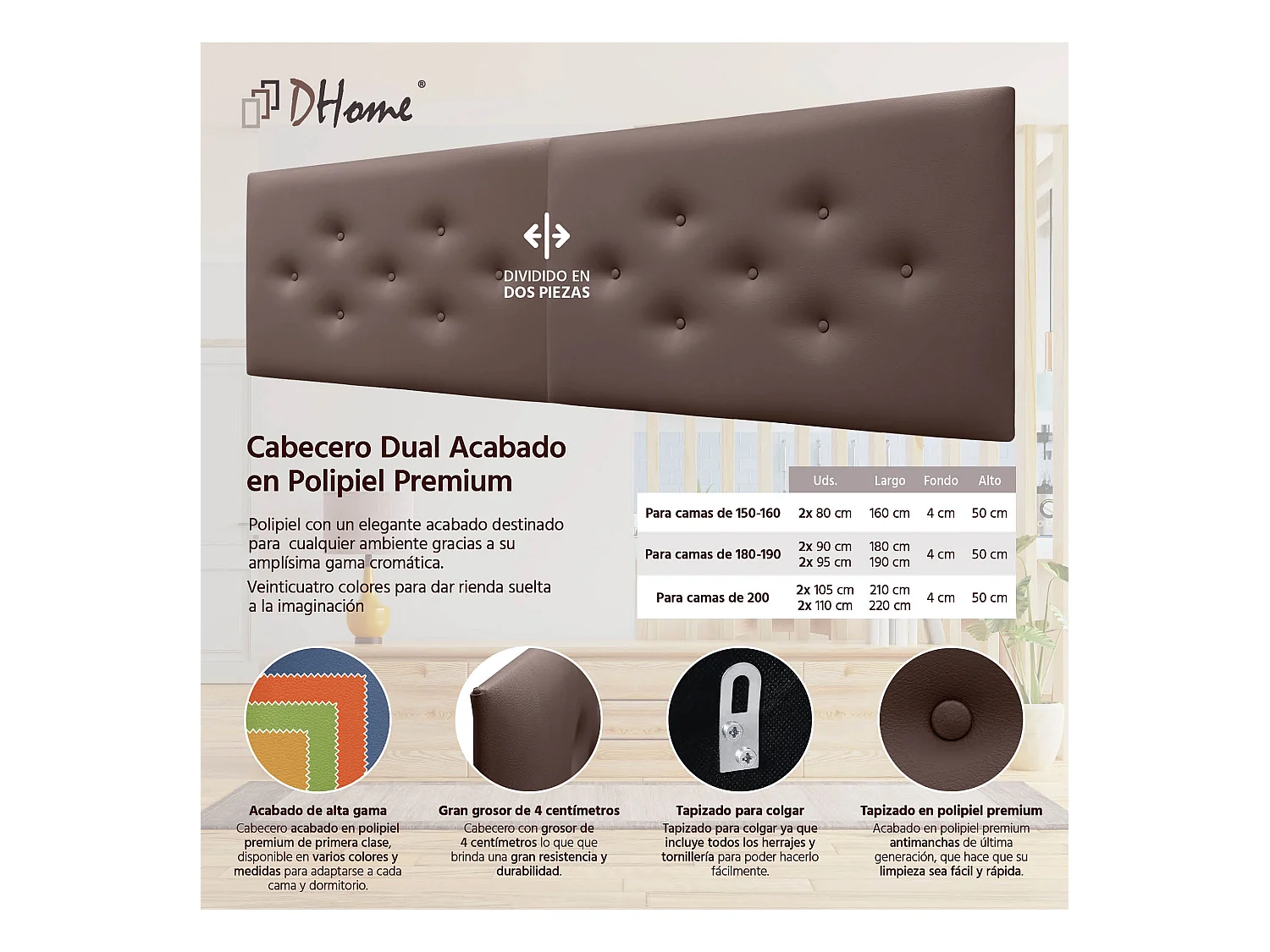 DHOME Tête de Lit en Similicuir avec 3 Rangées de Boutons Entrelacées Tête de Lit Rembourrée de Luxe (Chocolat, 190cm (2 pièces))