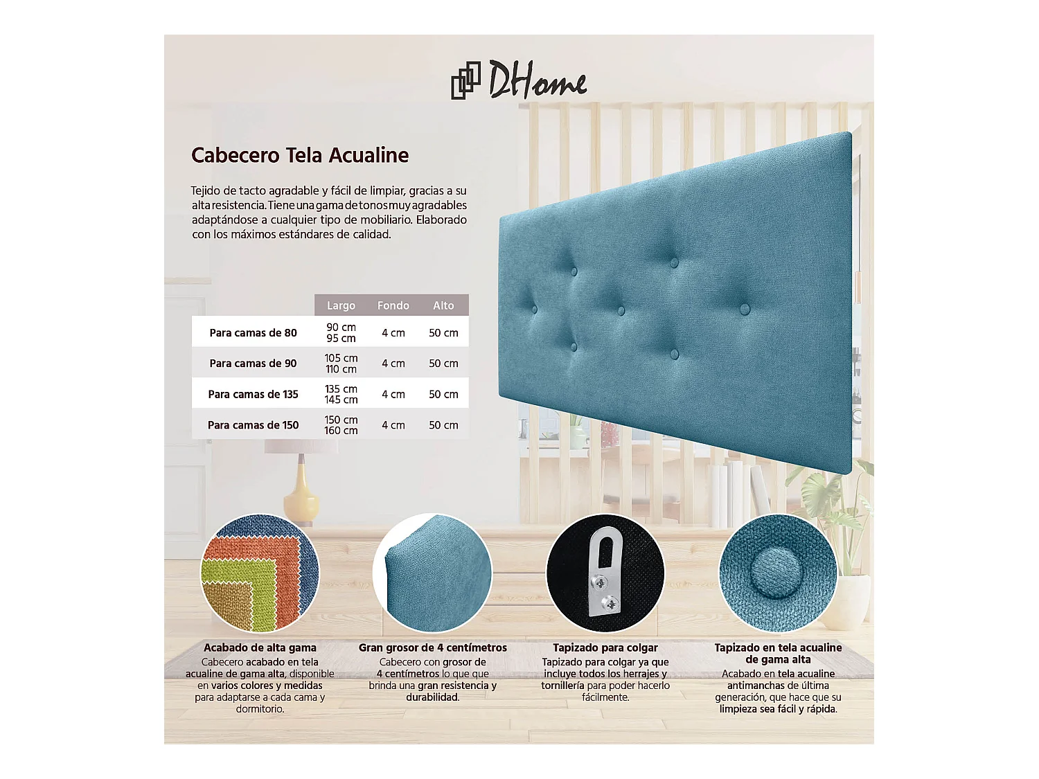 DHOME Tête de Lit en Tissu ACUALINE avec 3 Rangées Entrelacées de Boutons Tête de Lit Capitonnée de Luxe(Turquoise, 110cm)