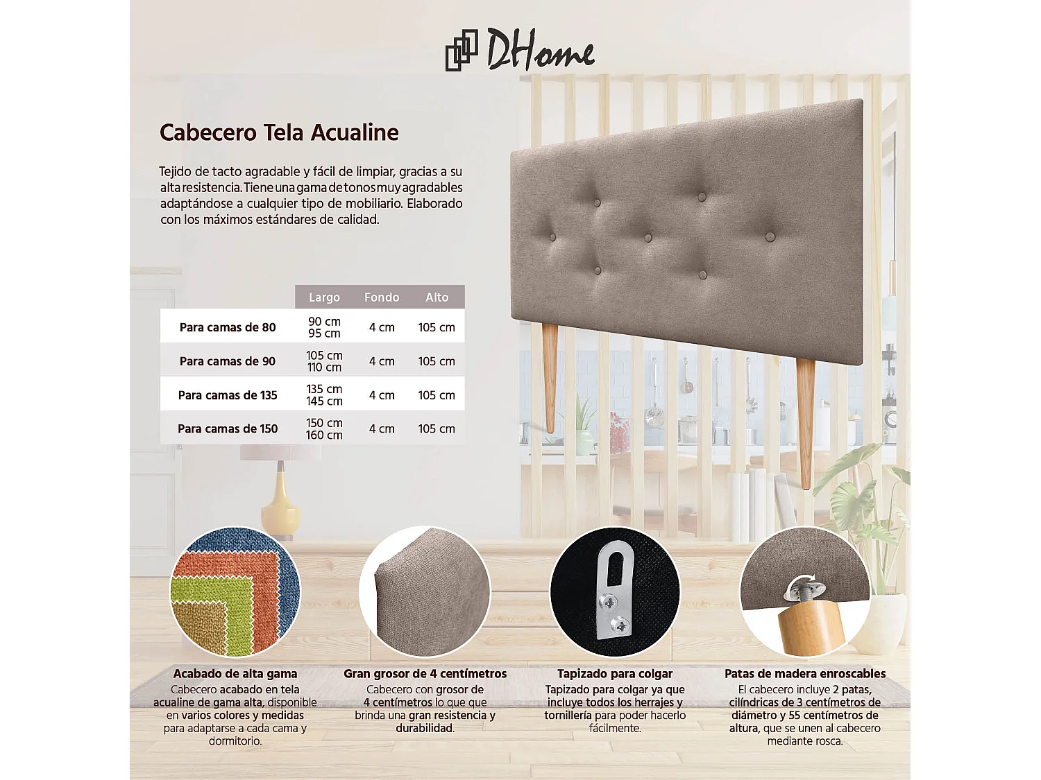 DHOME Tête de Lit en Tissu ACUALINE avec 3 Rangées Entrelacées de Boutons et Pieds Tête de Lit Capitonnée de Luxe(Tierra, 105cm)