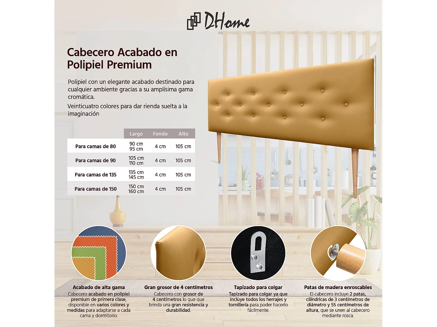 DHOME Tête de lit en simili cuir avec 3 rangées de boutons entrelacés Tête de lit rembourrée pour lit de luxe (Doré, 145cm)