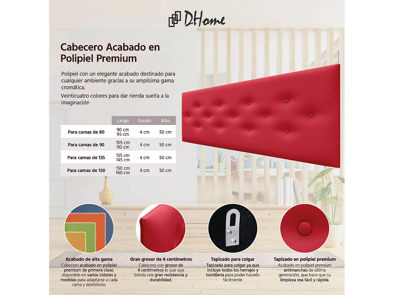 DHOME Tête de Lit en Similicuir avec 3 Rangées de Boutons Entrelacées Tête de Lit Rembourrée de Luxe (Rouge, 150cm)