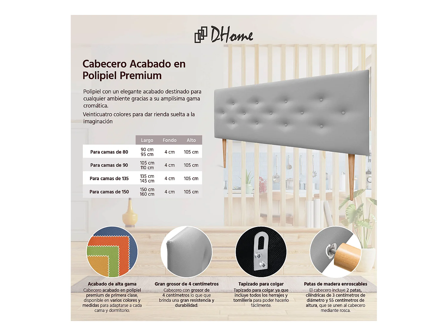 DHOME Tête de lit en simili cuir avec 3 rangées de boutons entrelacés Tête de lit rembourrée pour lit de luxe (Gris, 150cm)