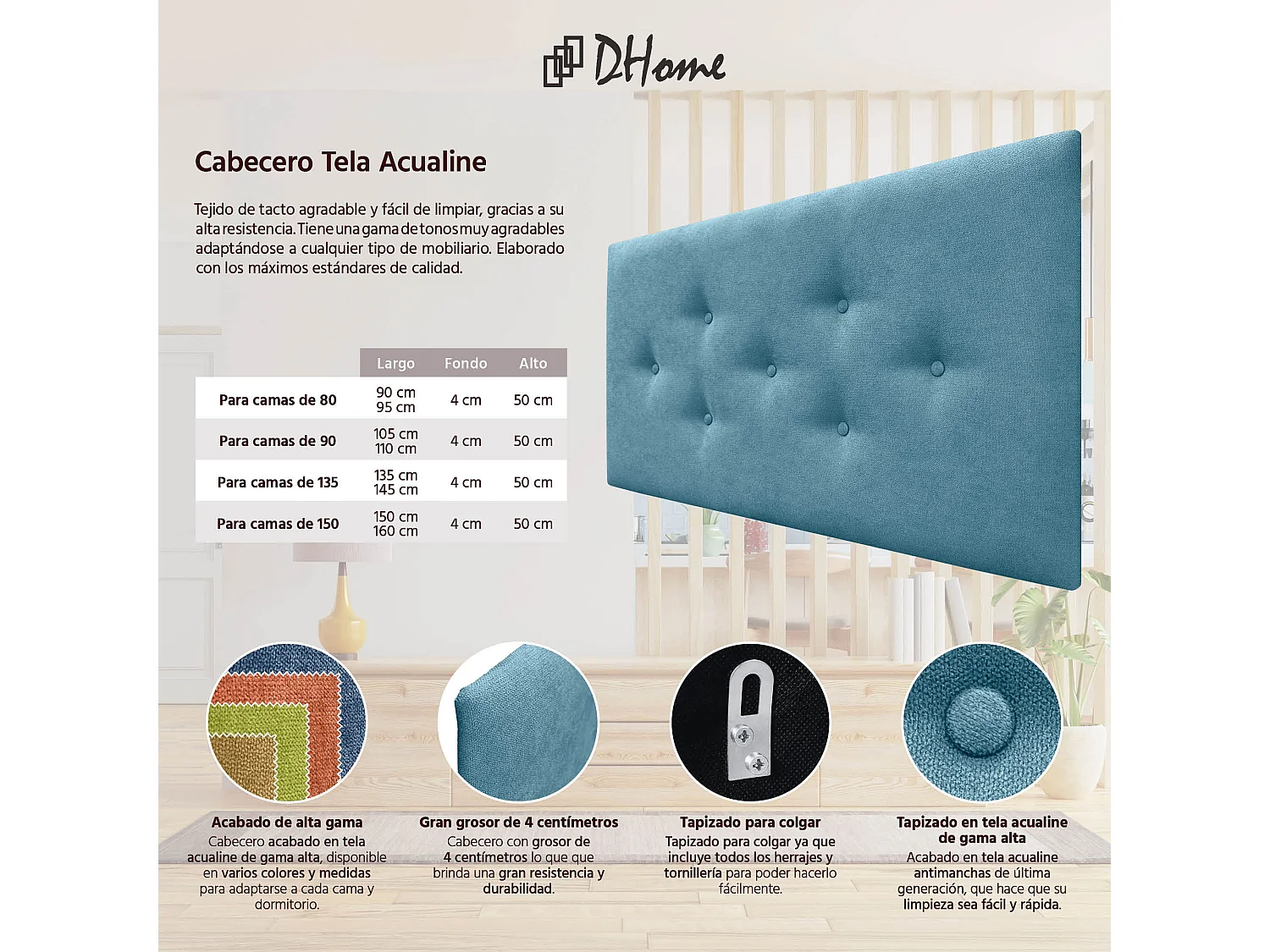 DHOME Tête de Lit en Tissu ACUALINE avec 3 Rangées Entrelacées de Boutons Tête de Lit Capitonnée de Luxe(Turquoise, 105cm)