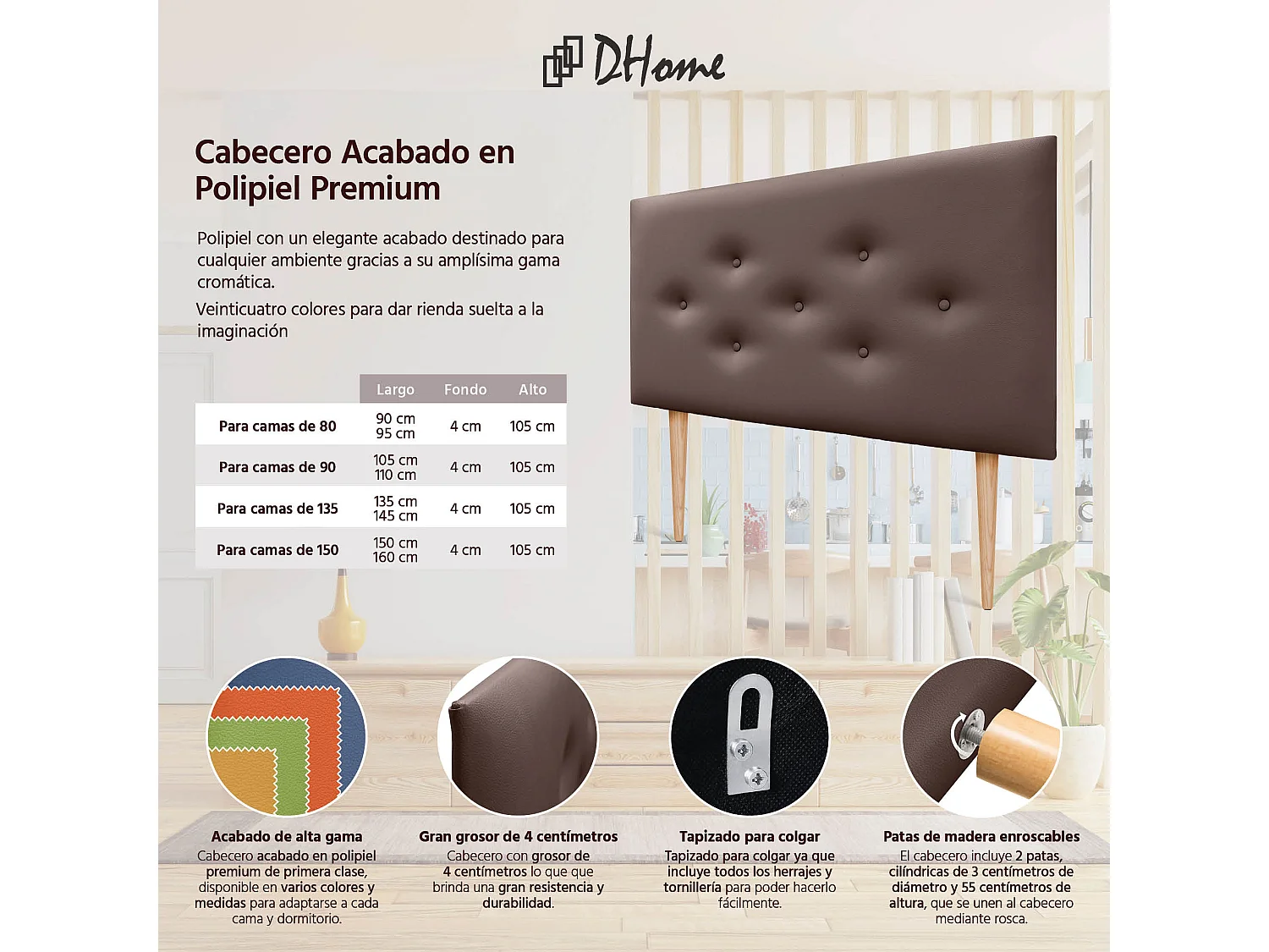 DHOME Tête de lit en simili cuir avec 3 rangées de boutons entrelacés Tête de lit rembourrée pour lit de luxe (Chocolat, 90cm)