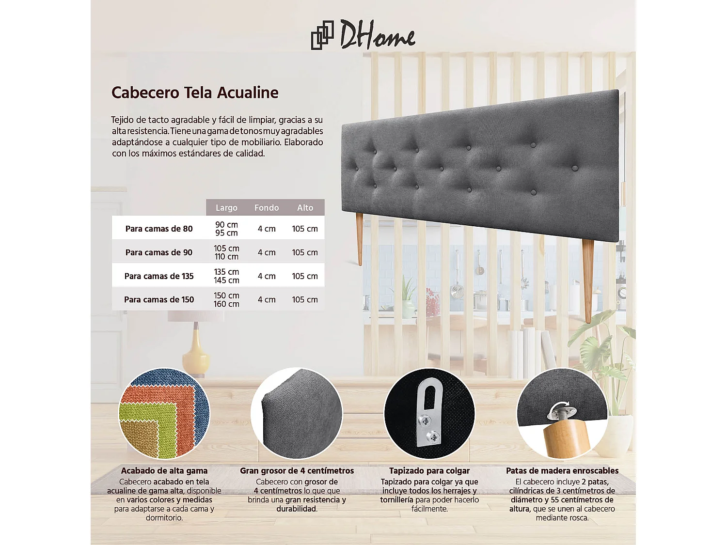 DHOME Tête de Lit en Tissu ACUALINE avec 3 Rangées Entrelacées de Boutons et Pieds Tête de Lit Capitonnée de Luxe(Gris Ceniza, 145cm)