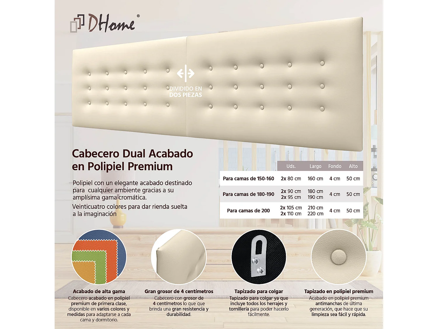 DHOME Kopfteil de Kunstleder mit 3 Knopfreihen gepolstertes luxuriöses Bettkopfteil (Vainilla, 180cm (2 piezas))