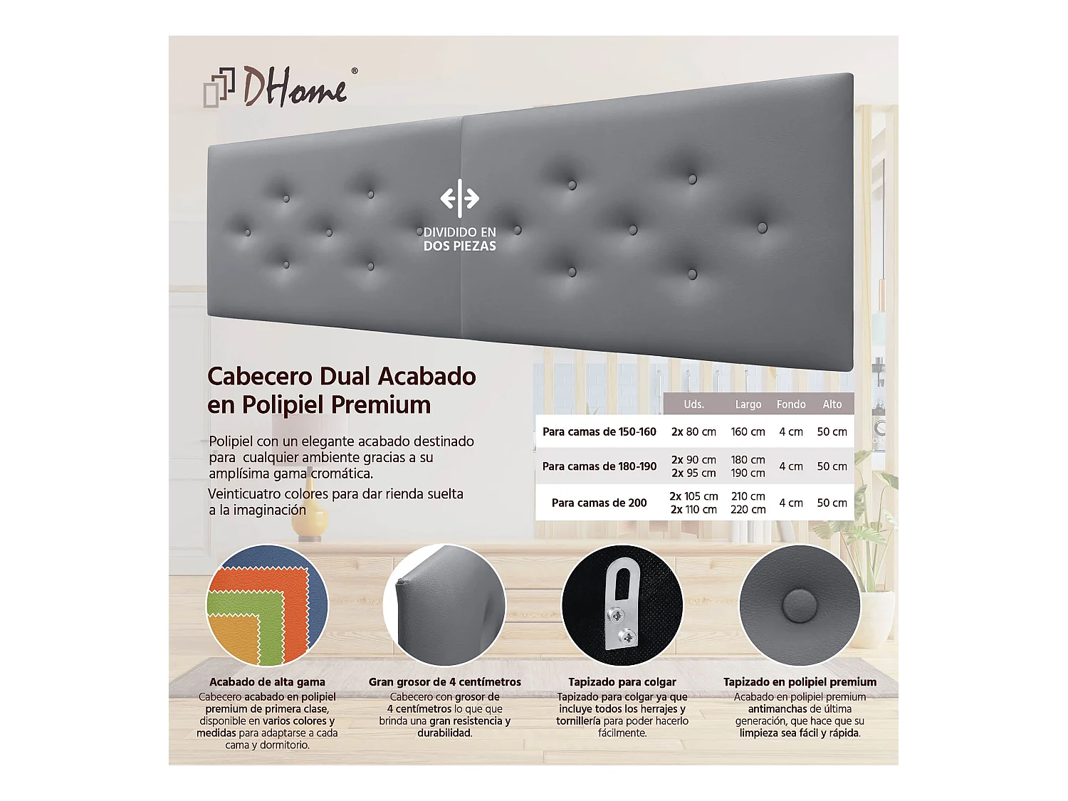 DHOME Tête de Lit en Similicuir avec 3 Rangées de Boutons Entrelacées Tête de Lit Rembourrée de Luxe (Gris, 220cm (2 pièces))