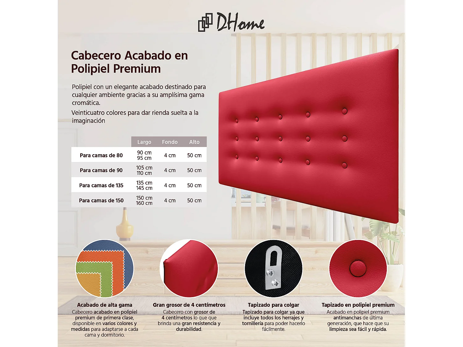 DHOME Cabeceira de Polipele com 3 Fileiras de Botões Cabeceira Estofada de Cama Luxuosa (Vermelho, 110cm)