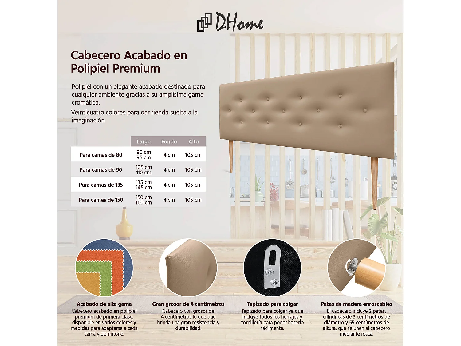 DHOME Testiera in ecopelle con 3 file di bottoni intrecciati Testiera imbottita per letto di lusso (Marrone Chiaro, 135cm)