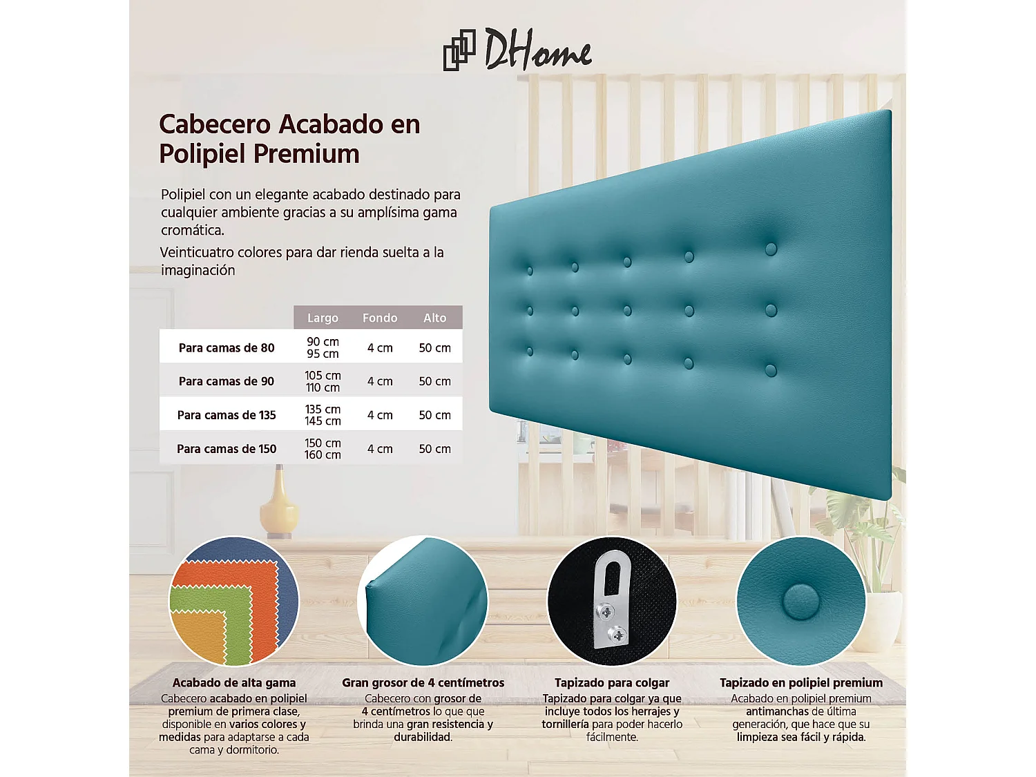 DHOME Cabeceira de Polipele com 3 Fileiras de Botões Cabeceira Estofada de Cama Luxuosa (Turquesa, 110cm)