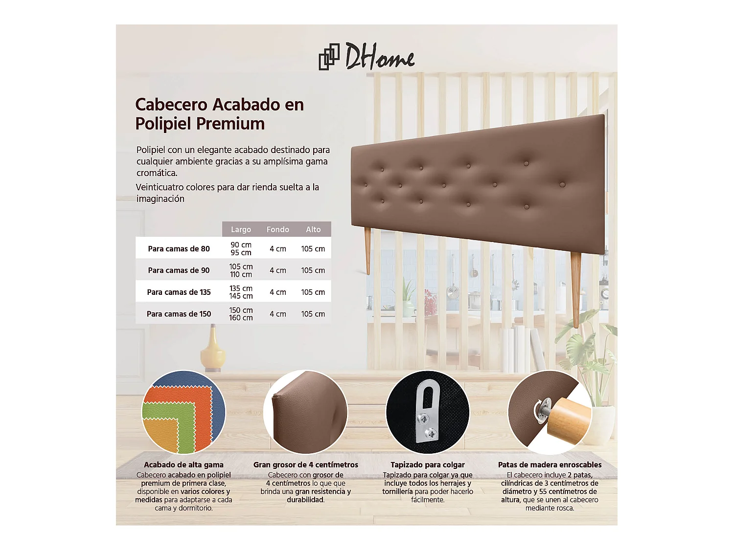 DHOME Tête de lit en simili cuir avec 3 rangées de boutons entrelacés Tête de lit rembourrée pour lit de luxe (Argile, 160cm)