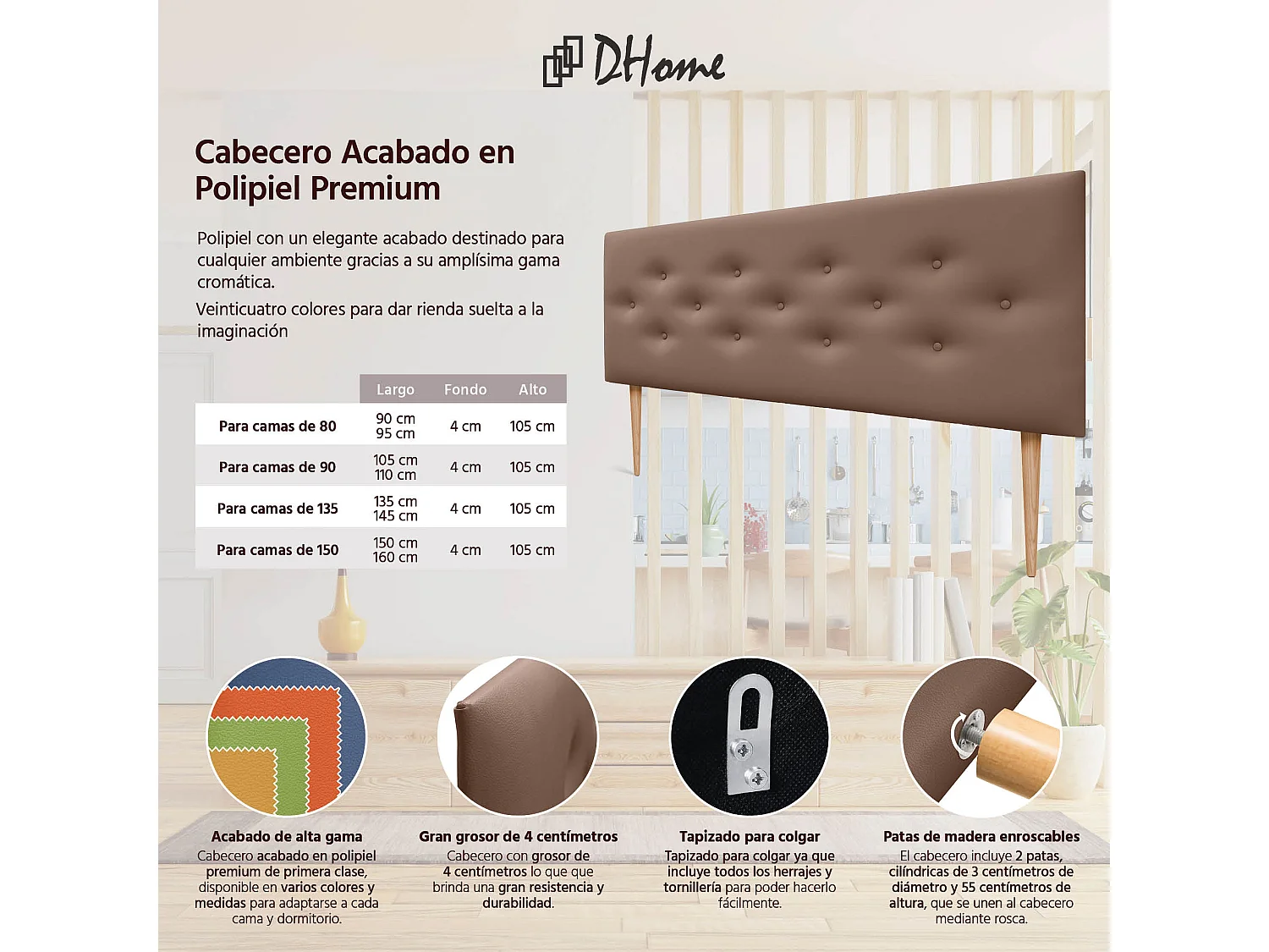 DHOME Tête de lit en simili cuir avec 3 rangées de boutons entrelacés Tête de lit rembourrée pour lit de luxe (Argile, 160cm)