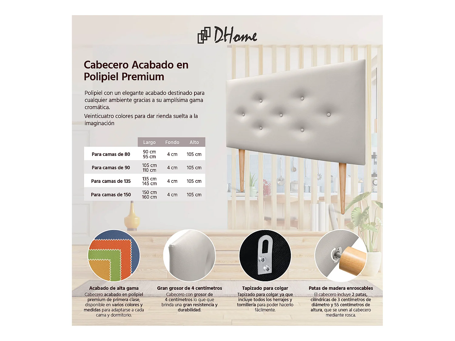 DHOME Tête de lit en simili cuir avec 3 rangées de boutons entrelacés Tête de lit rembourrée pour lit de luxe (Blanc, 95cm)