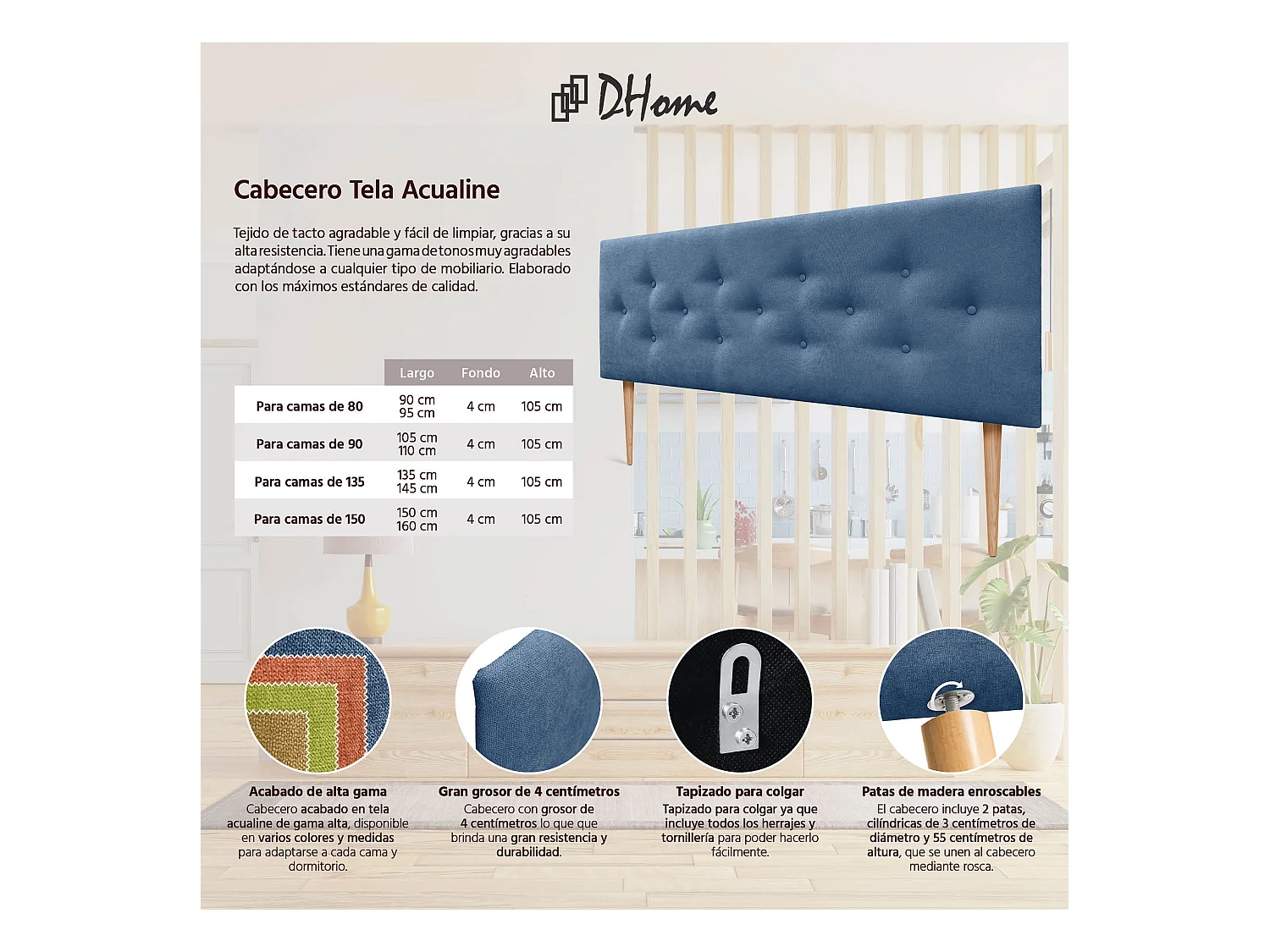 DHOME Tête de Lit en Tissu ACUALINE avec 3 Rangées Entrelacées de Boutons et Pieds Tête de Lit Capitonnée de Luxe(Bleu, 145cm)