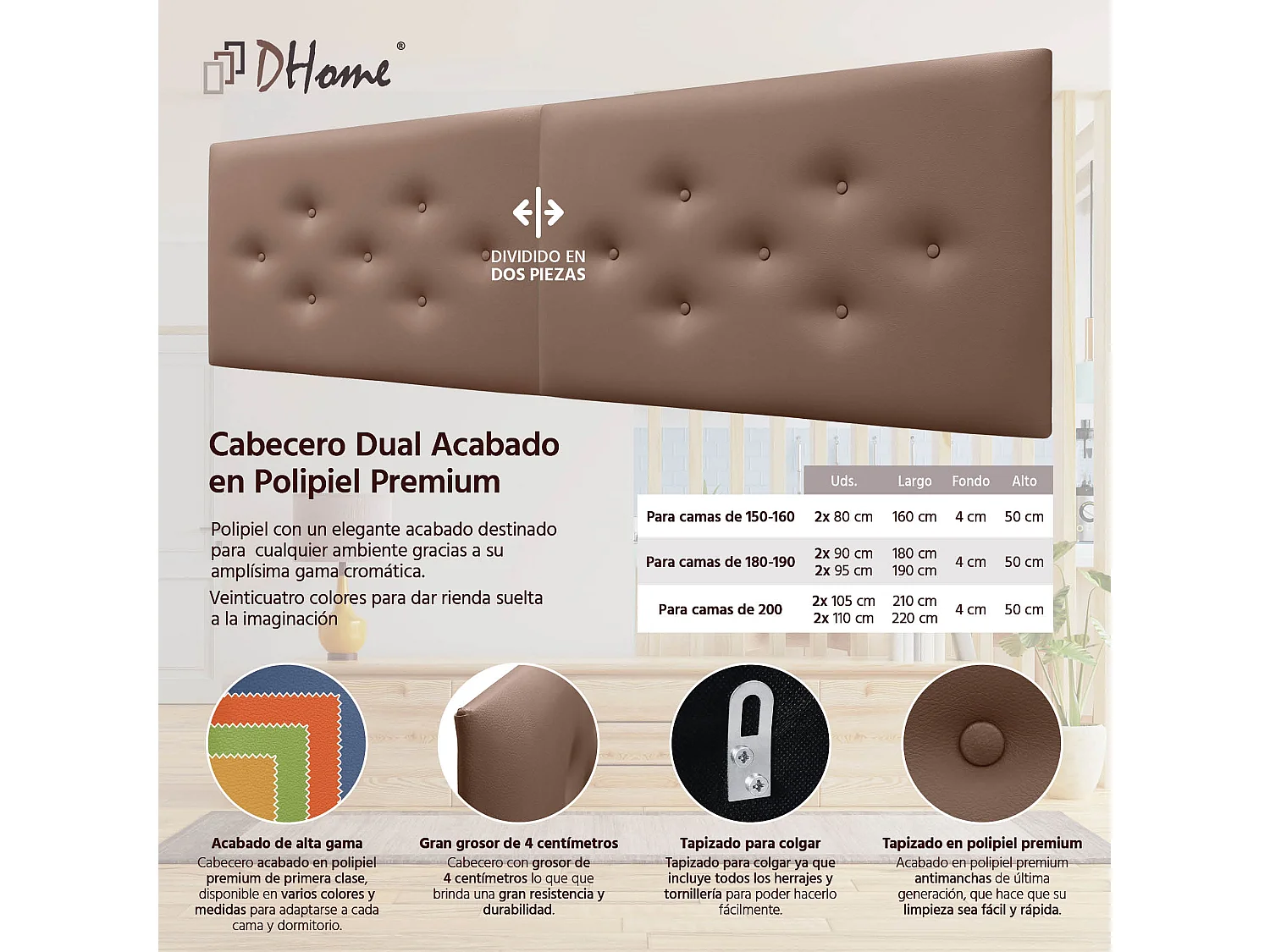 DHOME Tête de Lit en Similicuir avec 3 Rangées de Boutons Entrelacées Tête de Lit Rembourrée de Luxe (Beige, 160cm (2 pièces))