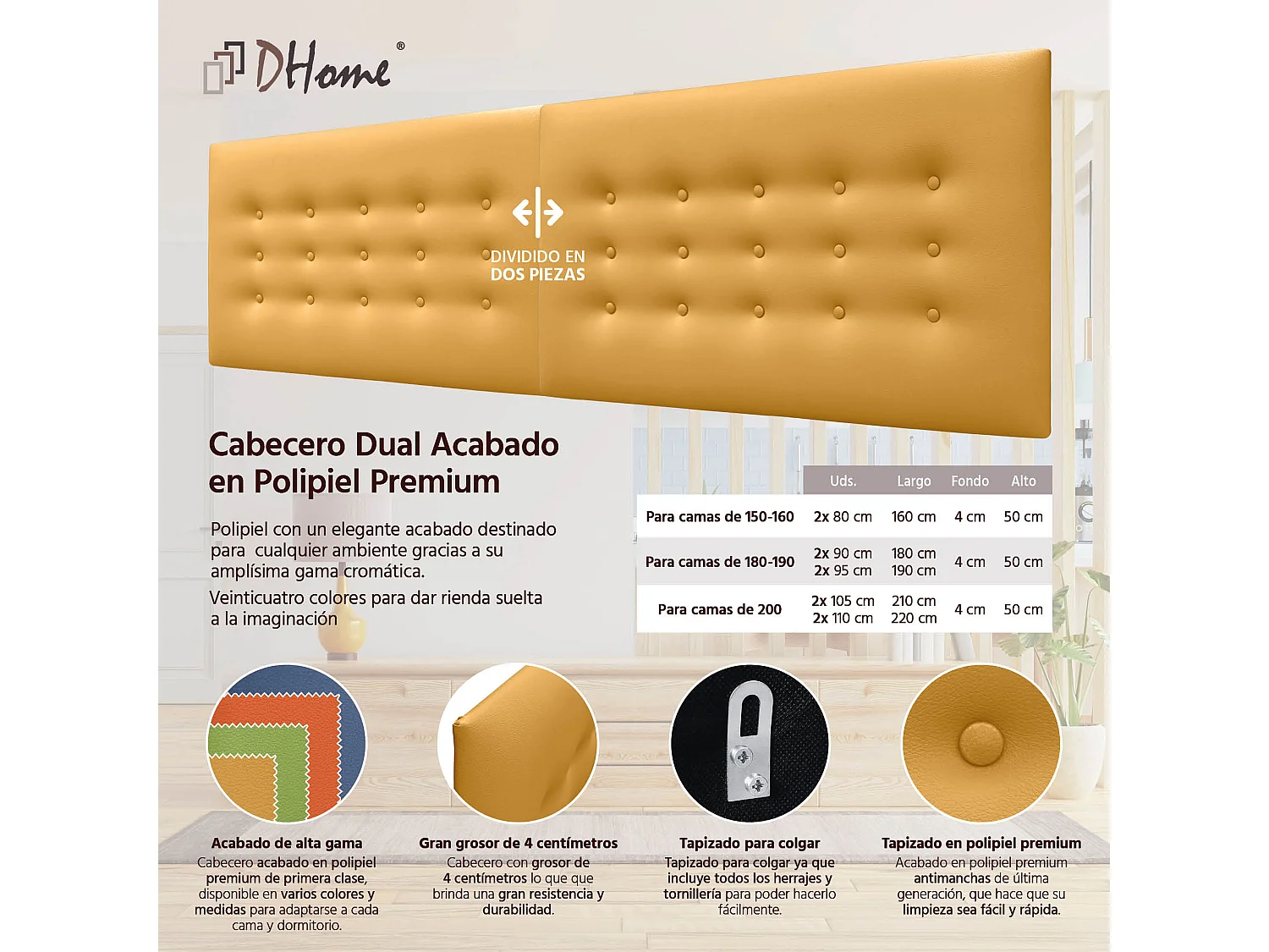 DHOME Tête de Lit en Similicuir avec 3 Rangées de Boutons Tête de Lit Rembourrée de Luxe (Moutarde, 210cm (2 pièces))