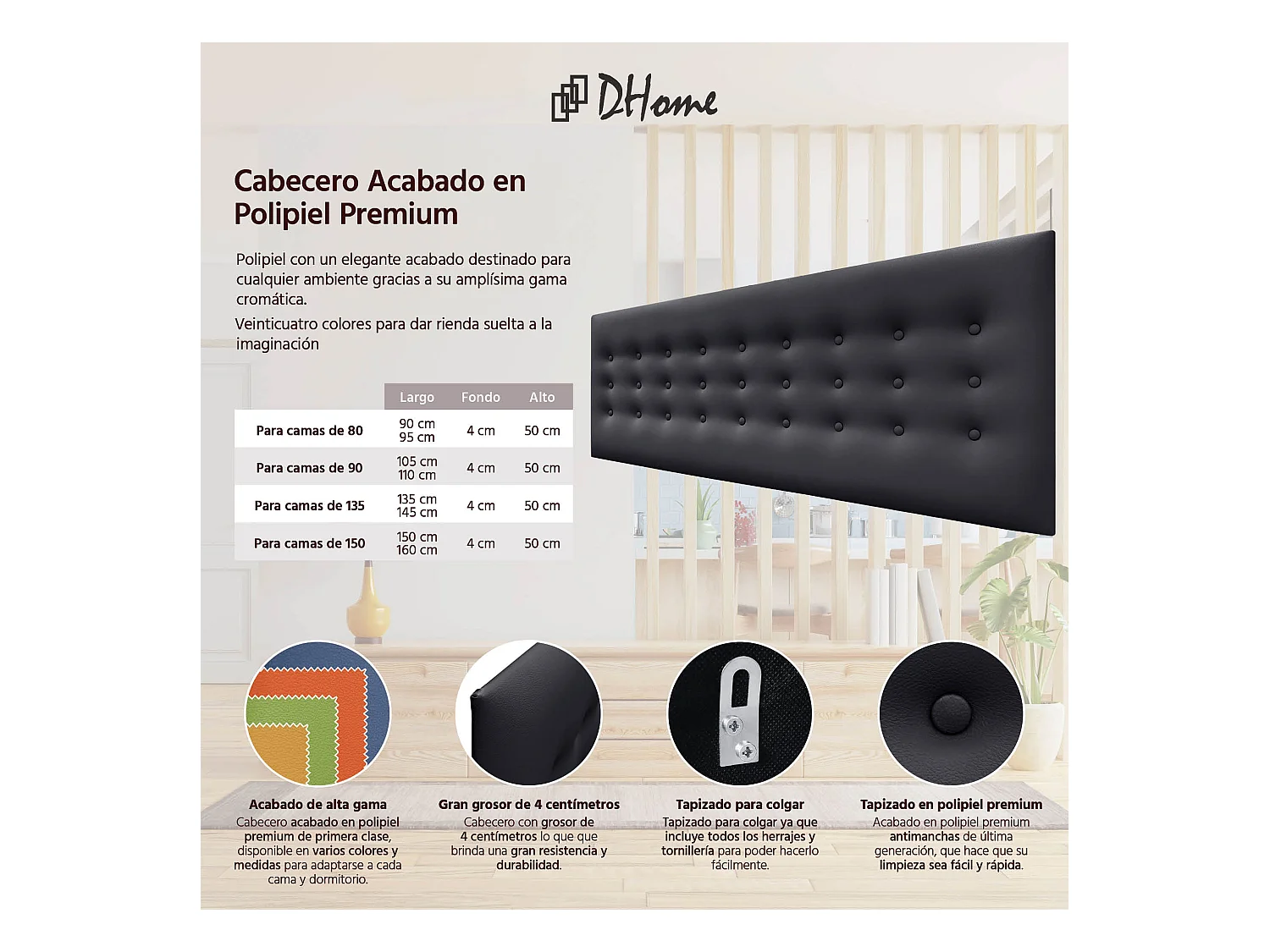 DHOME Testiera in Ecopelle con 3 File di Bottoni Testiera Imbottita Letto di Lusso (Nero, 150cm)