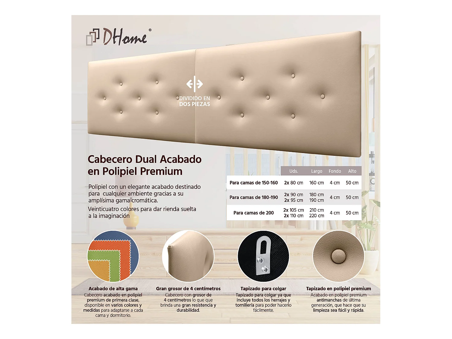 DHOME Tête de Lit en Similicuir avec 3 Rangées de Boutons Entrelacées Tête de Lit Rembourrée de Luxe (Champagne, 220cm (2 pièces))