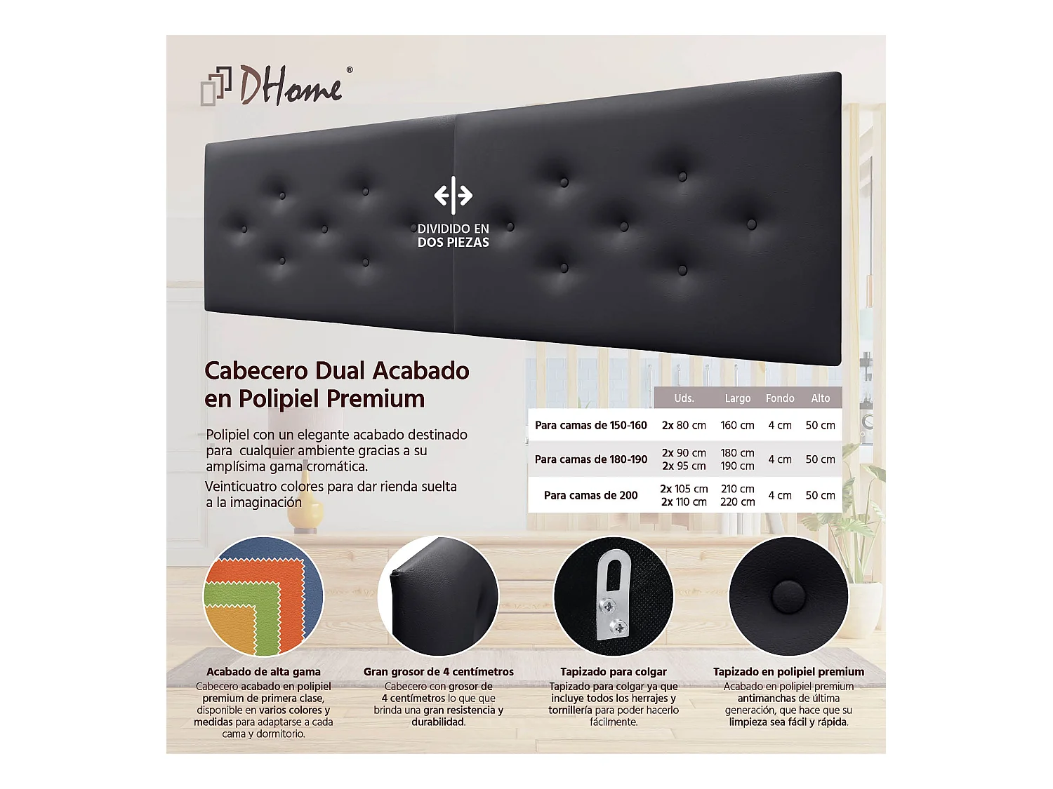 DHOME Tête de Lit en Similicuir avec 3 Rangées de Boutons Entrelacées Tête de Lit Rembourrée de Luxe (Noir, 190cm (2 pièces))