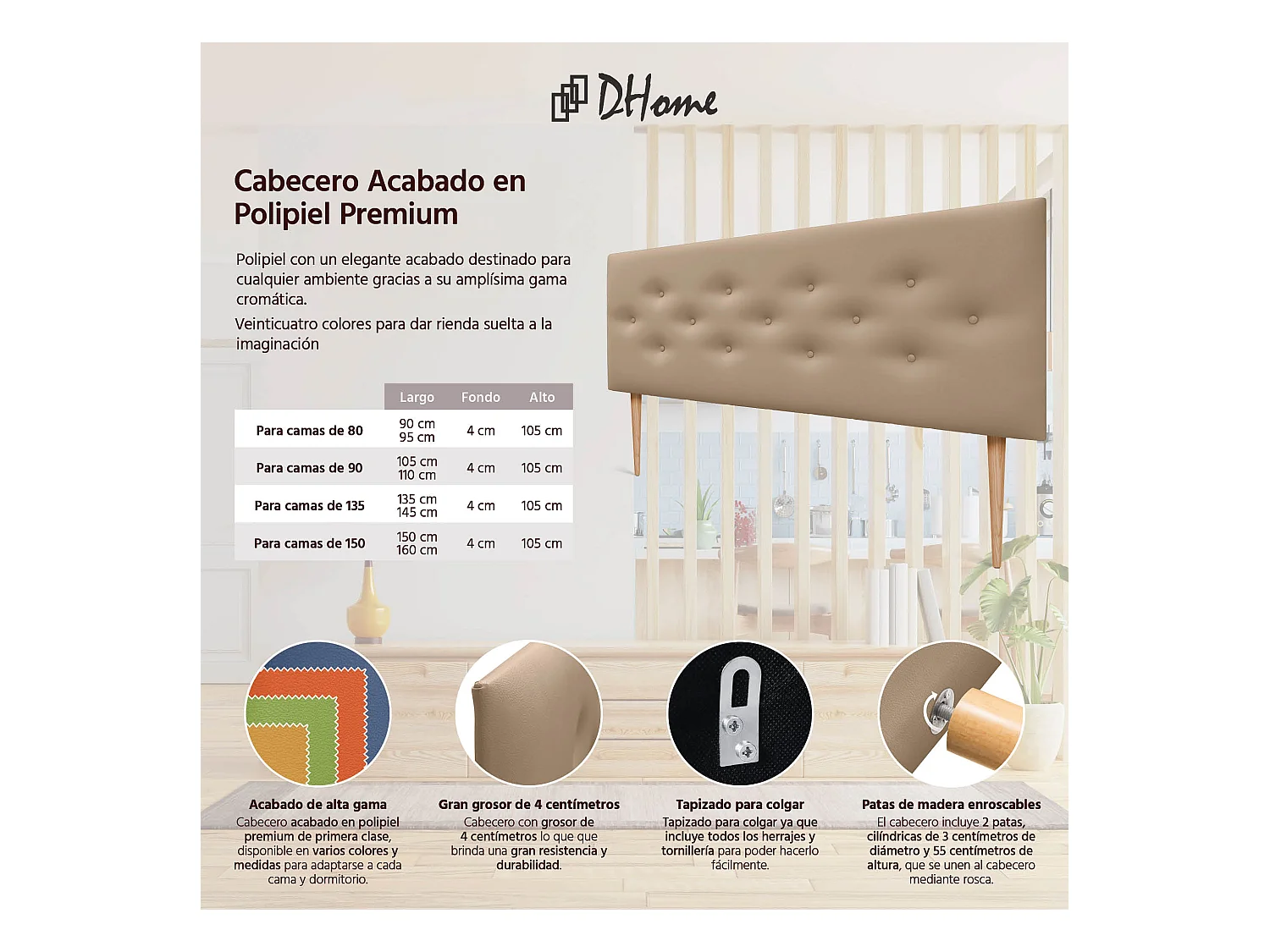 DHOME Tête de lit en simili cuir avec 3 rangées de boutons entrelacés Tête de lit rembourrée pour lit de luxe (Marron Clair, 160cm)