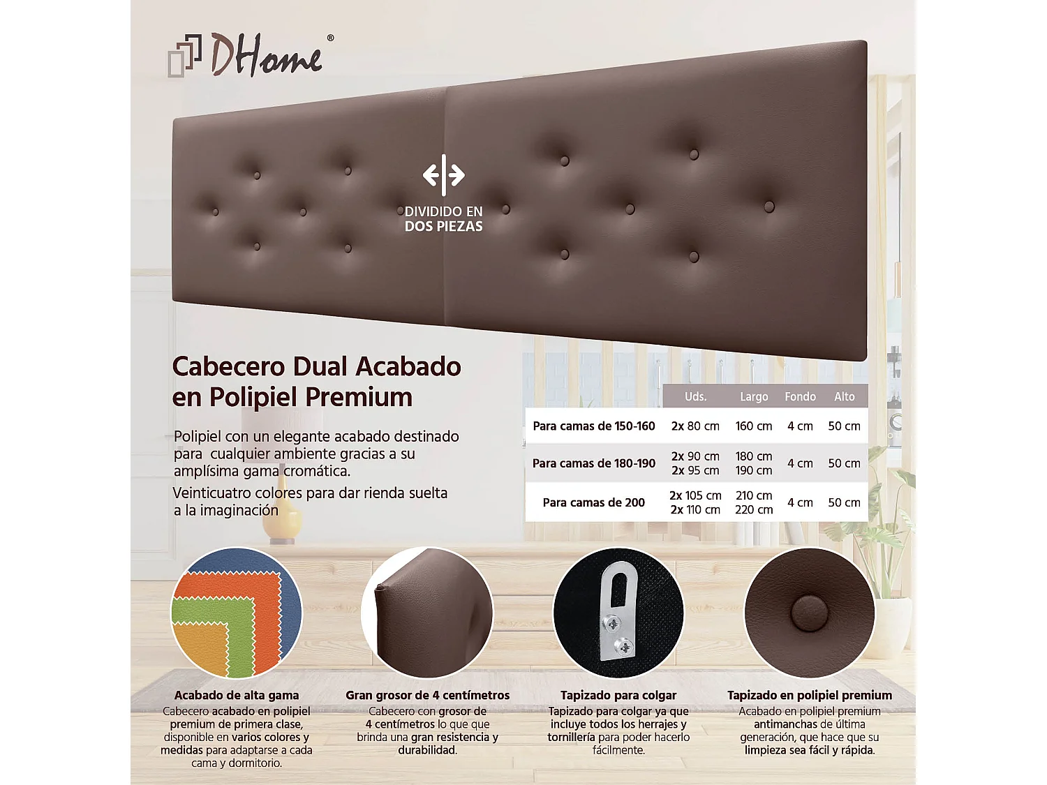 DHOME Testiera in Ecopelle con 3 File di Bottoni Alternati Testiera Imbottita Letto di Lusso (Cioccolato, 210cm (2 pezzi))