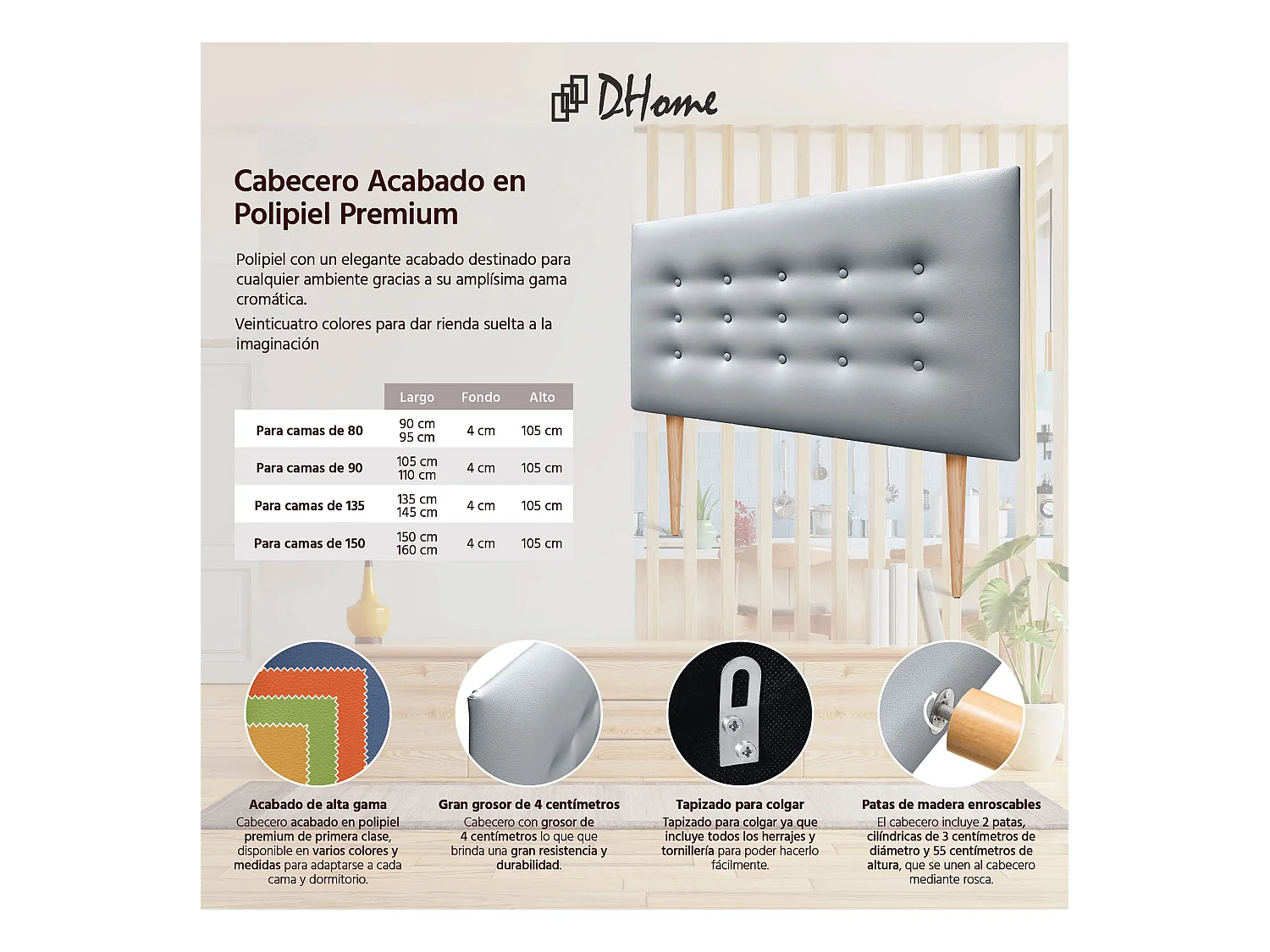 DHOME Testiera in ecopelle con 3 file di bottoni Testiera imbottita per letto di lusso (Argento, 95cm)