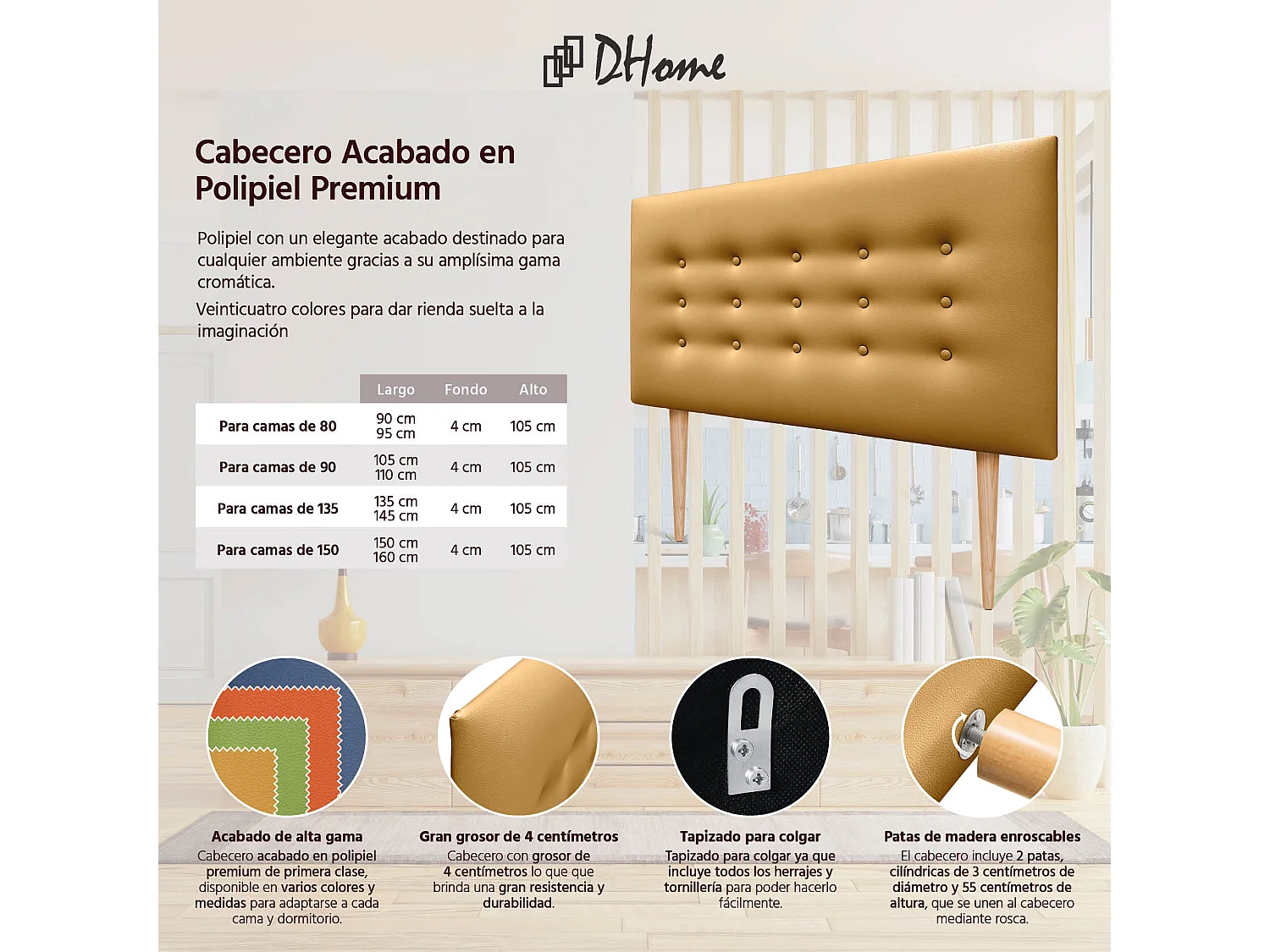 DHOME Testiera in ecopelle con 3 file di bottoni Testiera imbottita per letto di lusso (Dorato, 95cm)