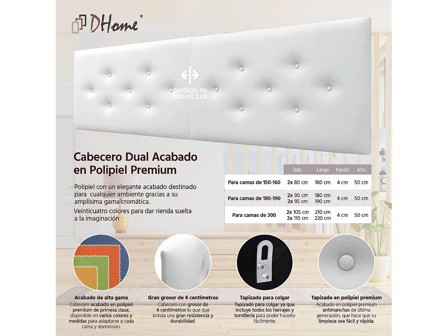 DHOME Tête de Lit en Similicuir avec 3 Rangées de Boutons Entrelacées Tête de Lit Rembourrée de Luxe (Blanc, 210cm (2 pièces))