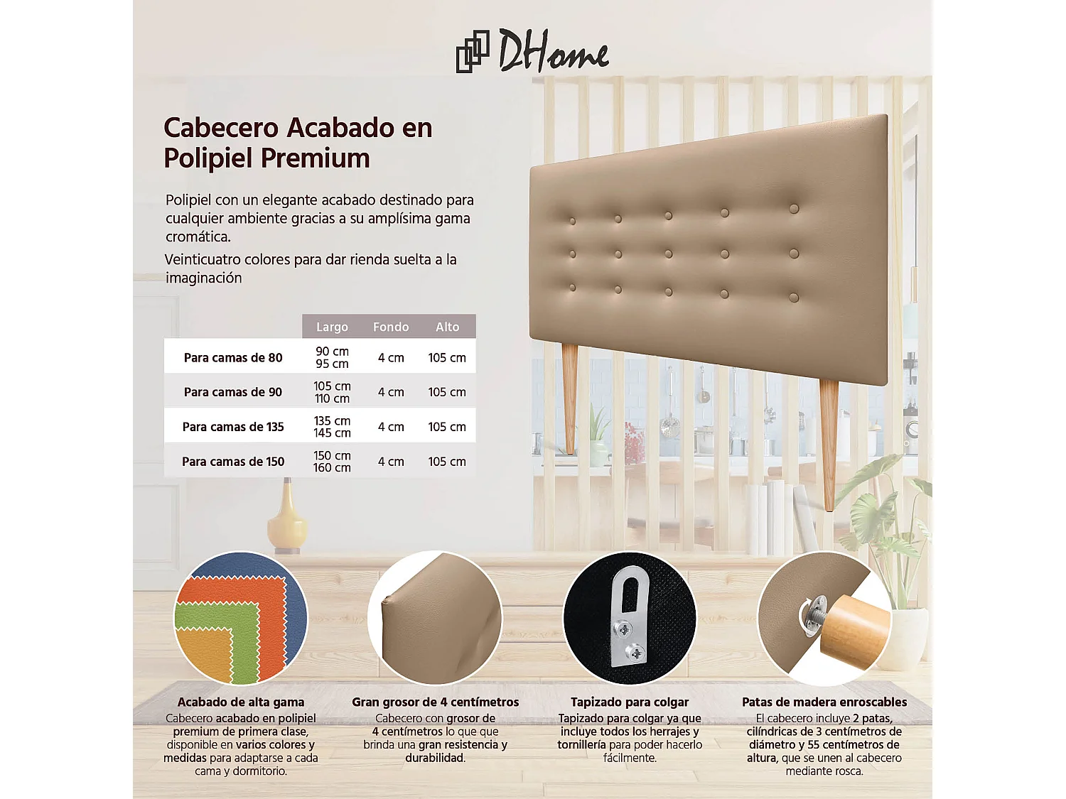 DHOME Testiera in ecopelle con 3 file di bottoni Testiera imbottita per letto di lusso (Marrone Chiaro, 95cm)