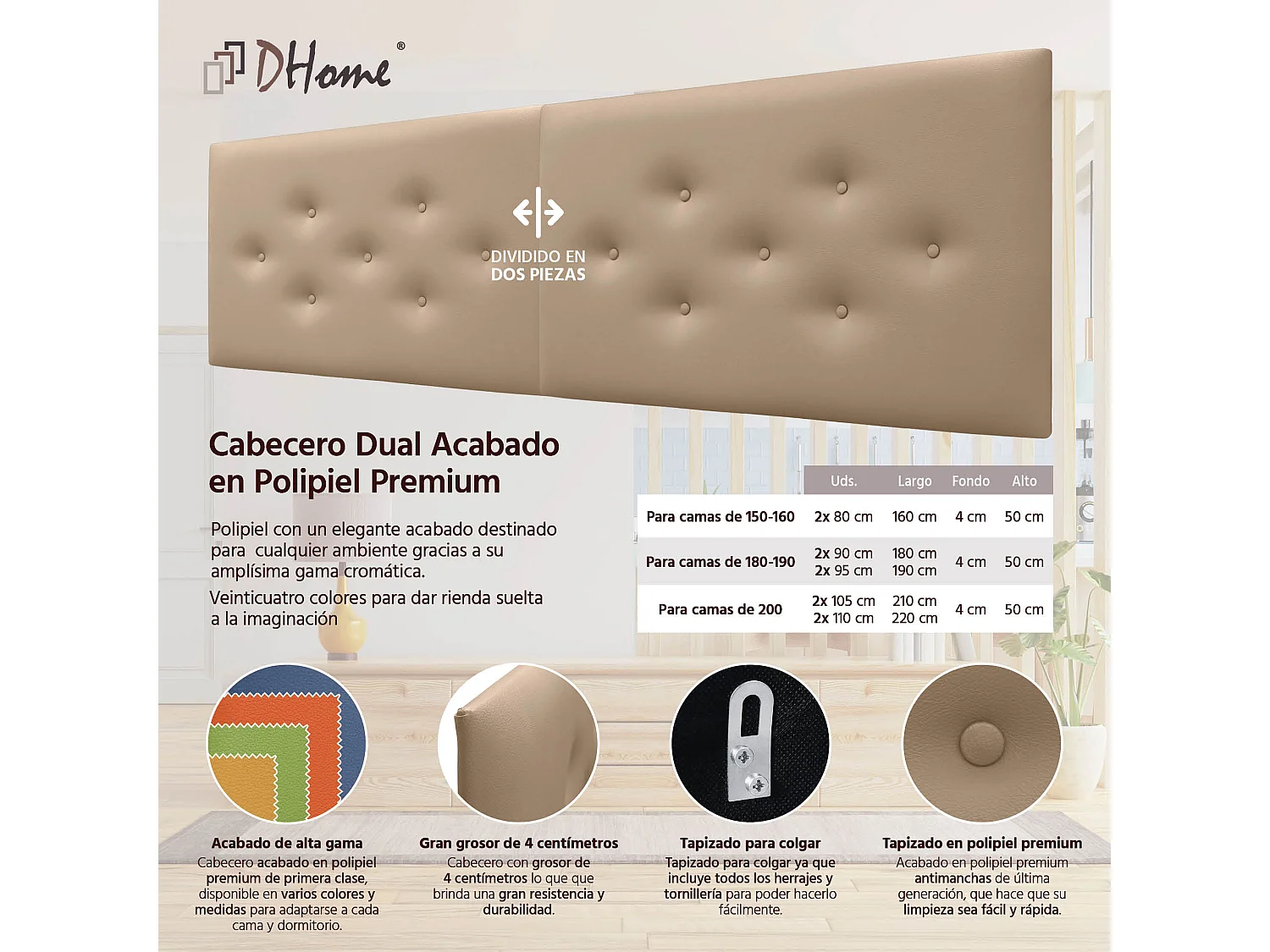 DHOME Tête de Lit en Similicuir avec 3 Rangées de Boutons Entrelacées Tête de Lit Rembourrée de Luxe (Marron Clair, 210cm (2 pièces))