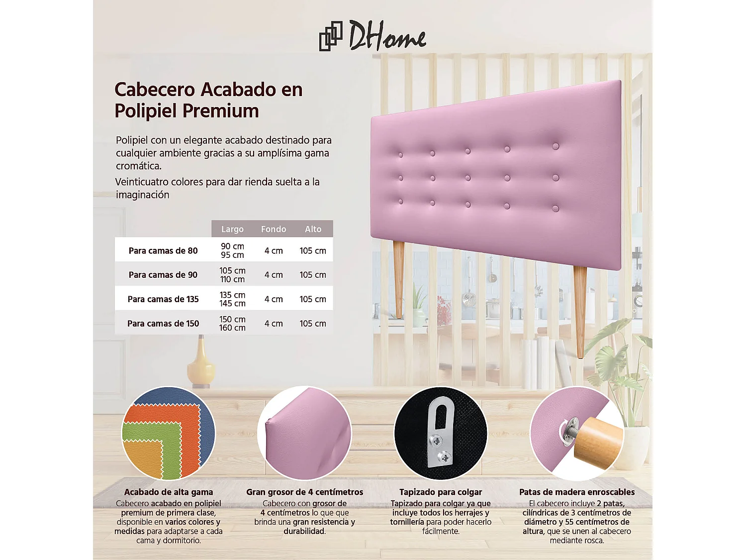 DHOME Cabeceira em couro sintético com 3 fileiras de botões Cabeceira estofada para cama de luxo (Rosa, 110cm)