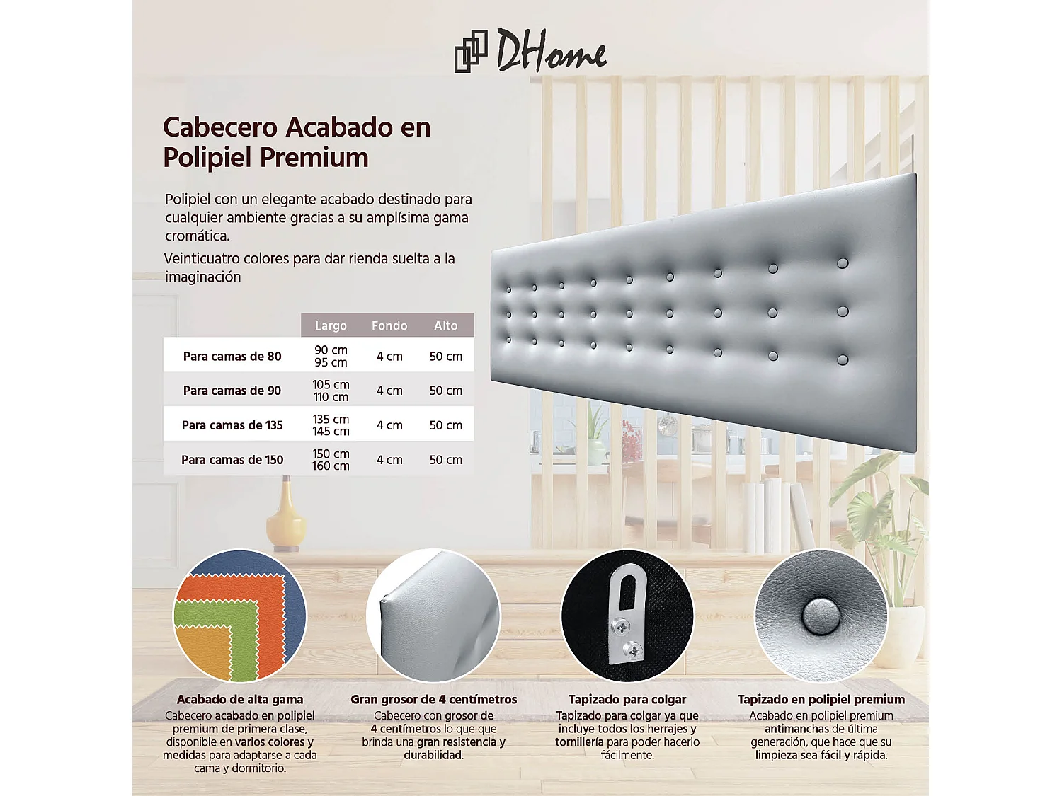 DHOME Kopfteil de Kunstleder mit 3 Knopfreihen gepolstertes luxuriöses Bettkopfteil (Plata, 150cm)