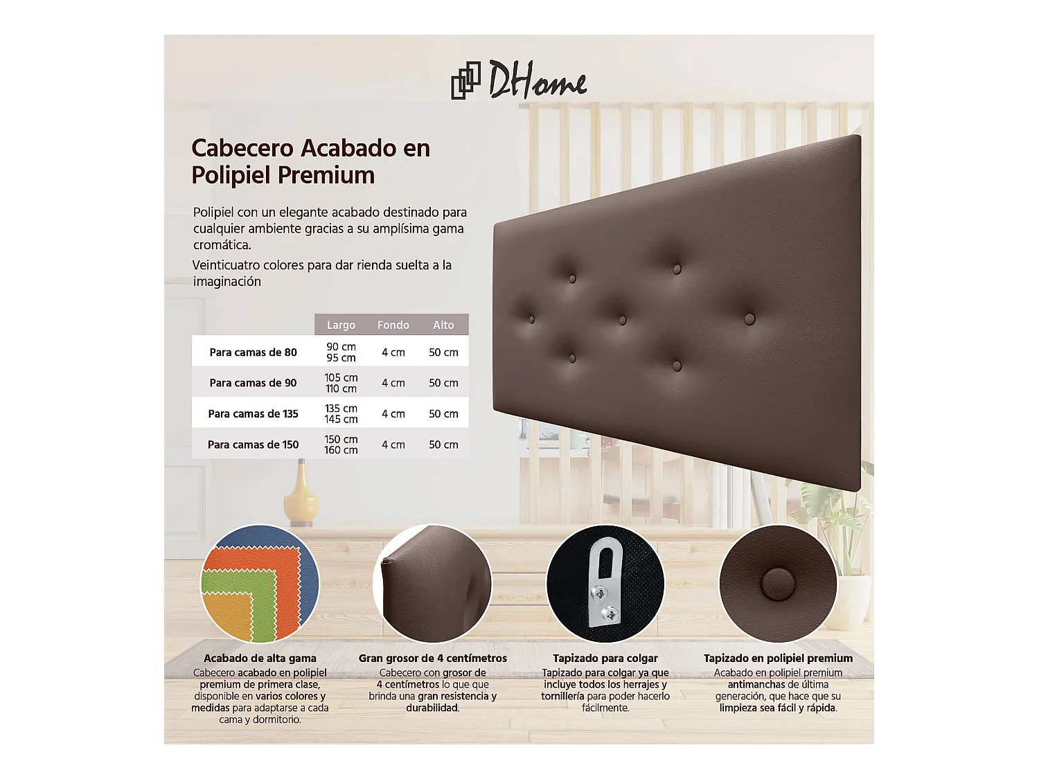 DHOME Tête de Lit en Similicuir avec 3 Rangées de Boutons Entrelacées Tête de Lit Rembourrée de Luxe (Chocolat, 110cm)