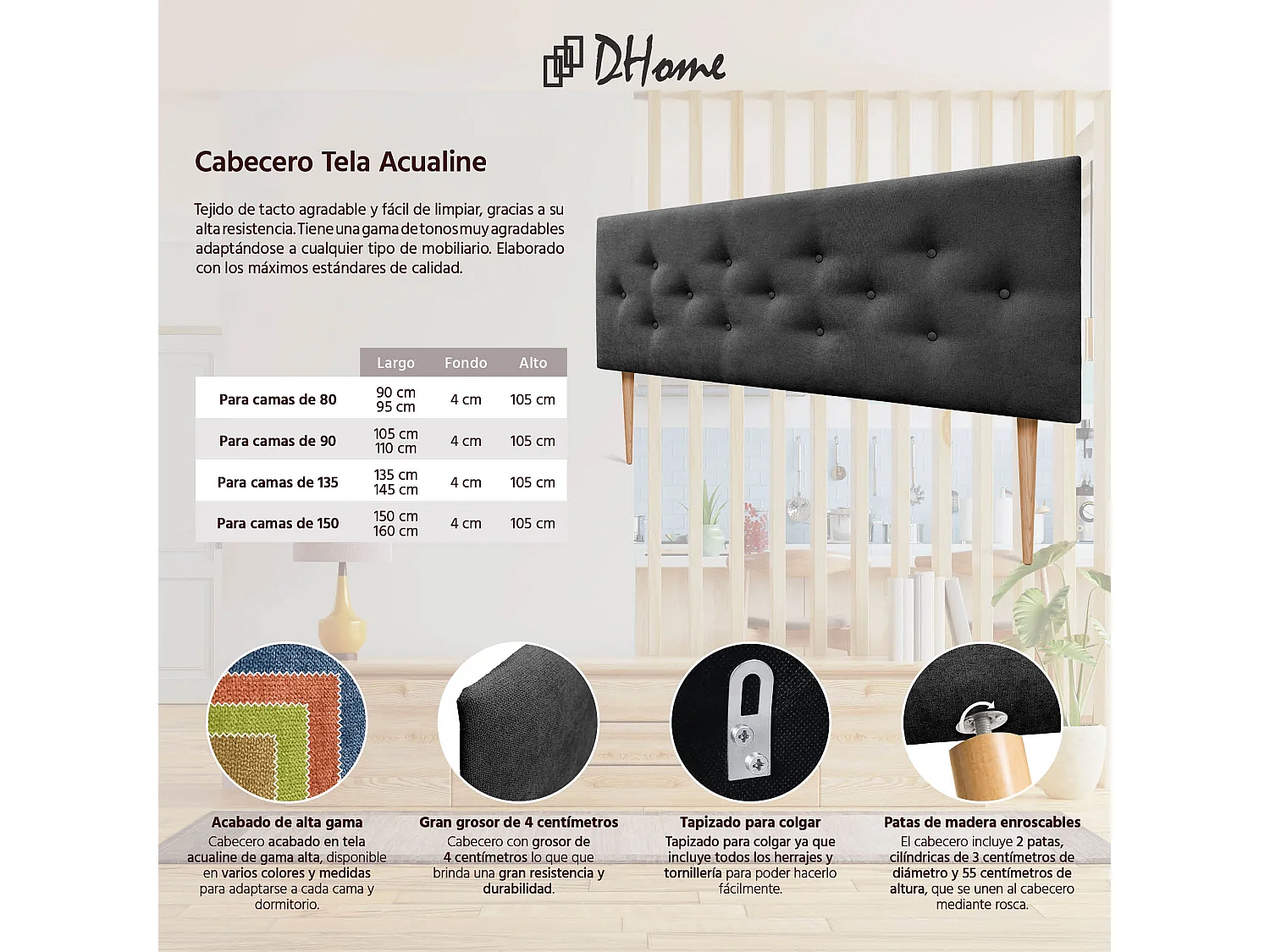 DHOME Tête de Lit en Tissu ACUALINE avec 3 Rangées Entrelacées de Boutons et Pieds Tête de Lit Capitonnée de Luxe(Noir, 160cm)