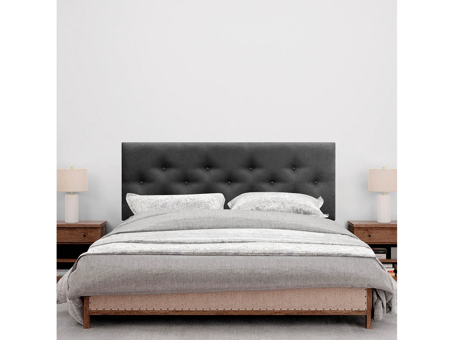 DHOME Tête de Lit en Tissu ACUALINE avec 3 Rangées Entrelacées de Boutons et Pieds Tête de Lit Capitonnée de Luxe(Noir, 160cm)