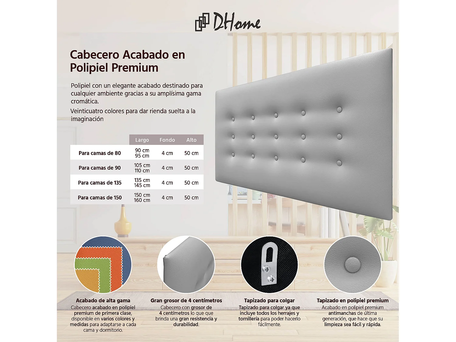 DHOME Cabeceira de Polipele com 3 Fileiras de Botões Cabeceira Estofada de Cama Luxuosa (Cinzento Claro, 90cm)