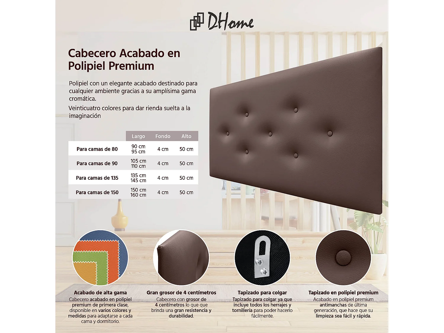 DHOME Tête de Lit en Similicuir avec 3 Rangées de Boutons Entrelacées Tête de Lit Rembourrée de Luxe (Chocolat, 90cm)