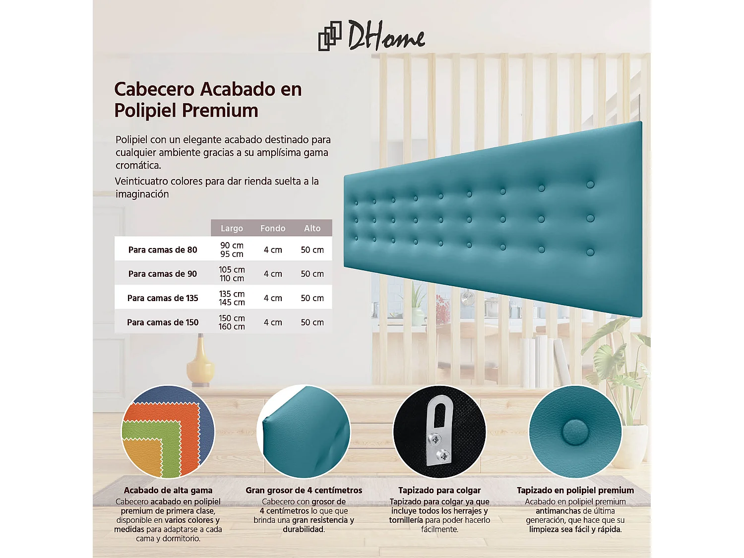 DHOME Kopfteil de Kunstleder mit 3 Knopfreihen gepolstertes luxuriöses Bettkopfteil (Turquesa, 150cm)