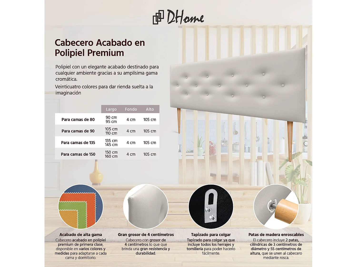 DHOME Tête de lit en simili cuir avec 3 rangées de boutons entrelacés Tête de lit rembourrée pour lit de luxe (Blanc, 145cm)