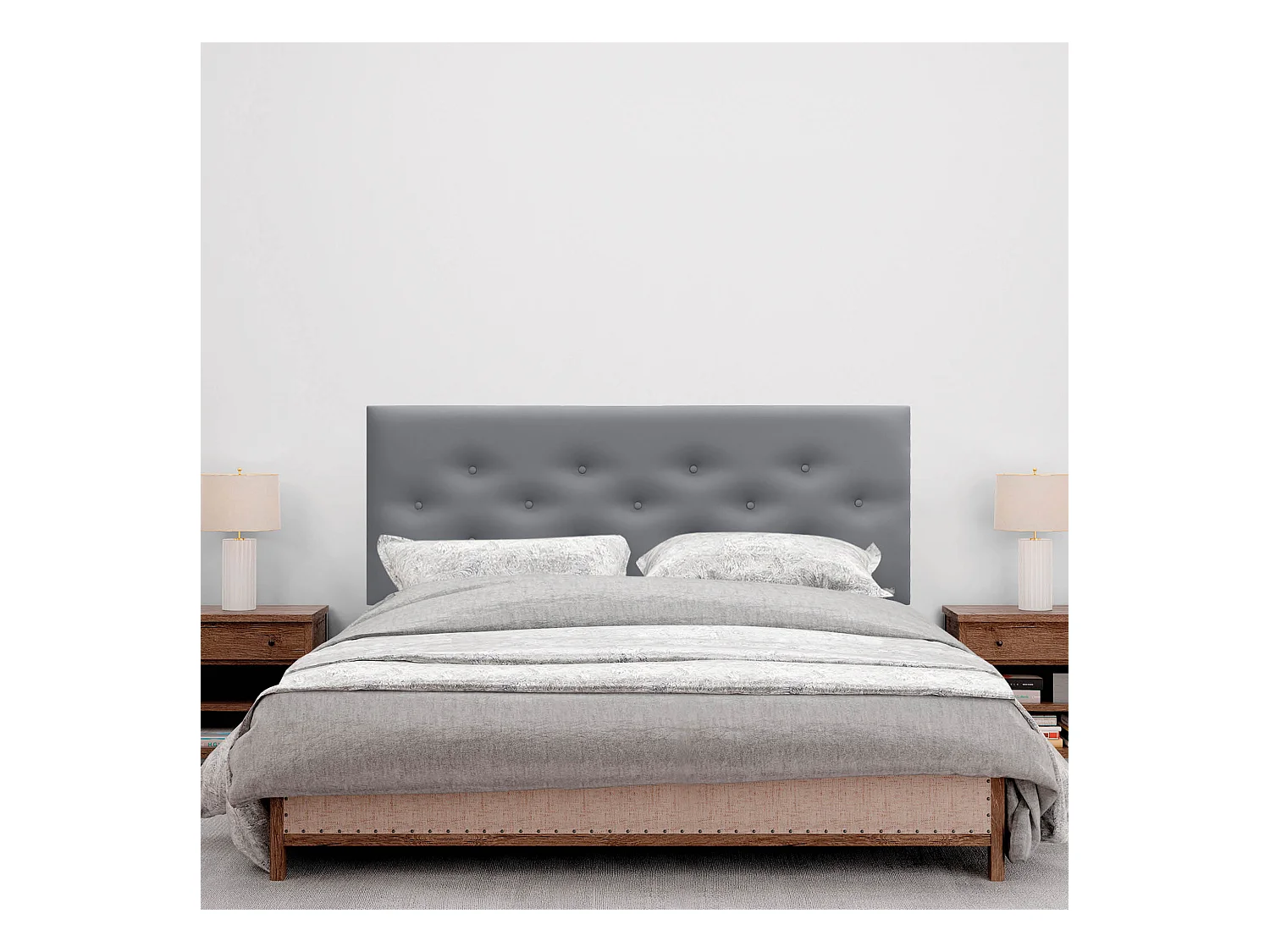 DHOME Tête de lit en simili cuir avec 3 rangées de boutons entrelacés Tête de lit rembourrée pour lit de luxe (Gris, 145cm)