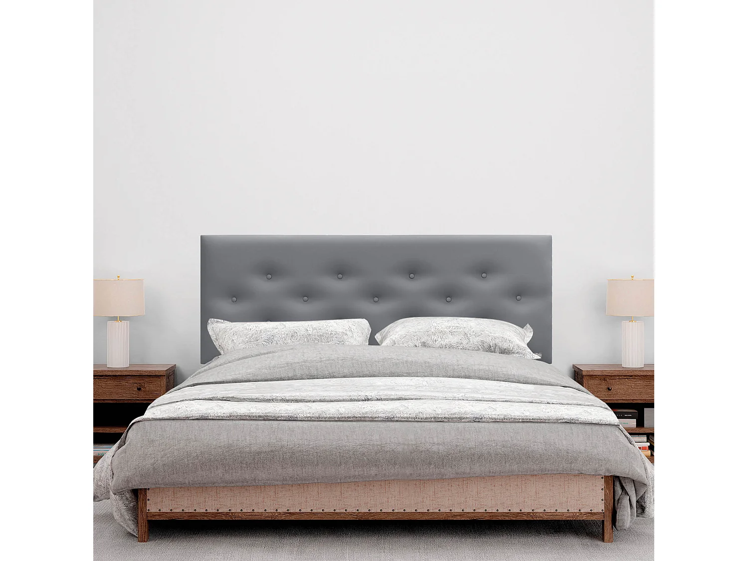 DHOME Tête de lit en simili cuir avec 3 rangées de boutons entrelacés Tête de lit rembourrée pour lit de luxe (Gris, 145cm)