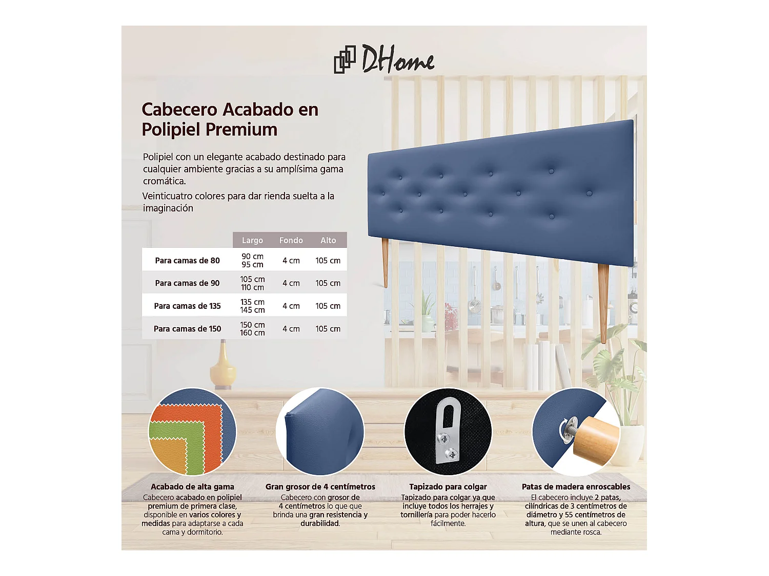 DHOME Tête de lit en simili cuir avec 3 rangées de boutons entrelacés Tête de lit rembourrée pour lit de luxe (Bleu, 150cm)