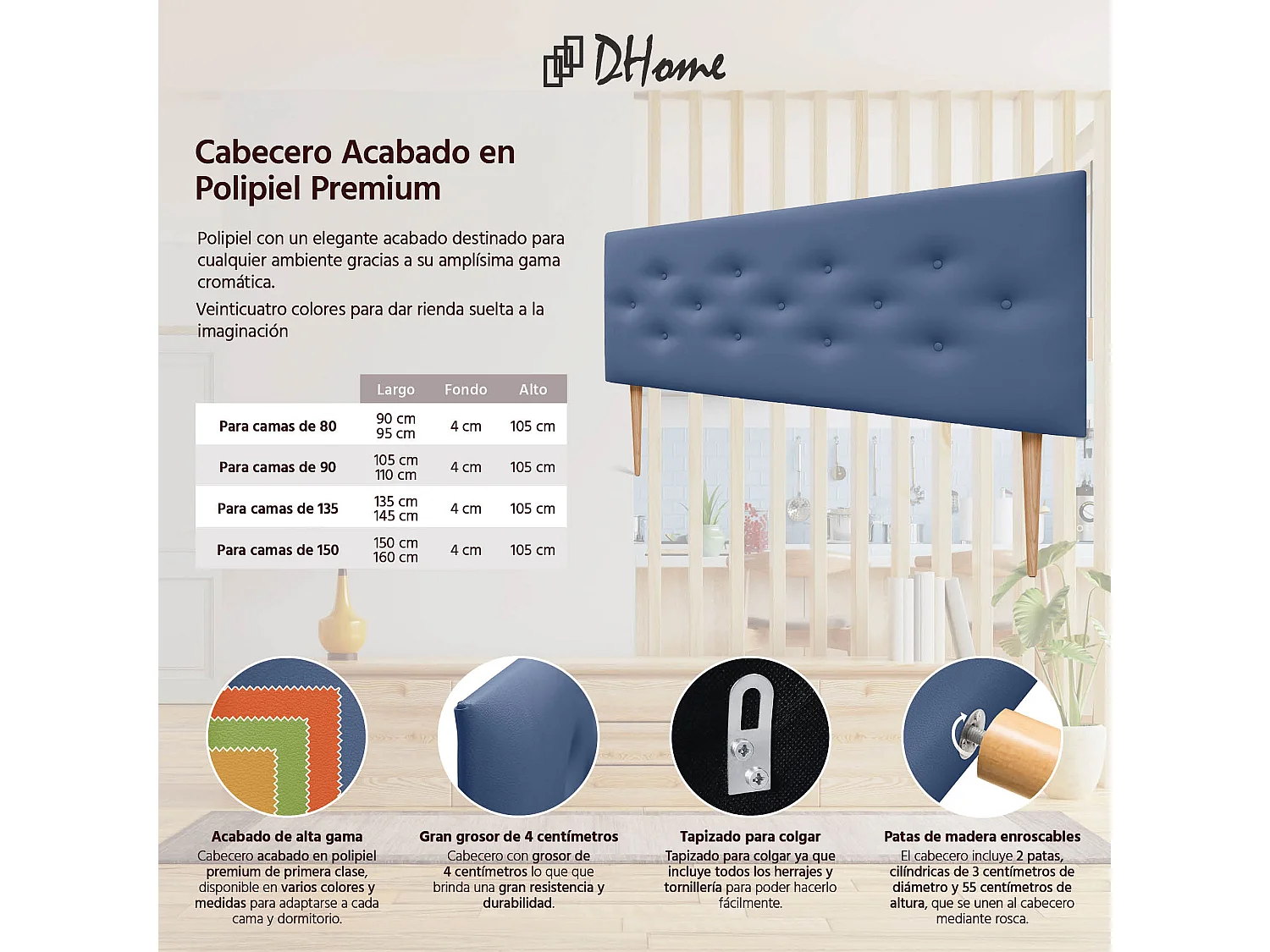 DHOME Tête de lit en simili cuir avec 3 rangées de boutons entrelacés Tête de lit rembourrée pour lit de luxe (Bleu, 150cm)