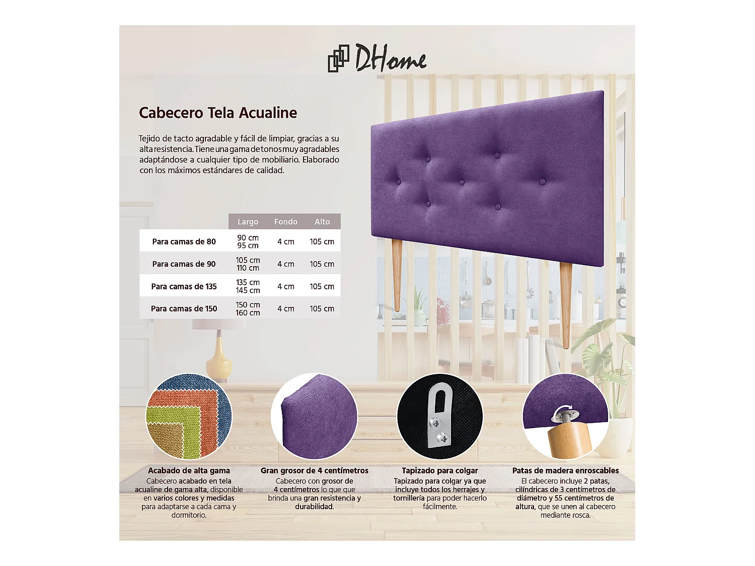DHOME Tête de Lit en Tissu ACUALINE avec 3 Rangées Entrelacées de Boutons et Pieds Tête de Lit Capitonnée de Luxe(Lilas, 105cm)