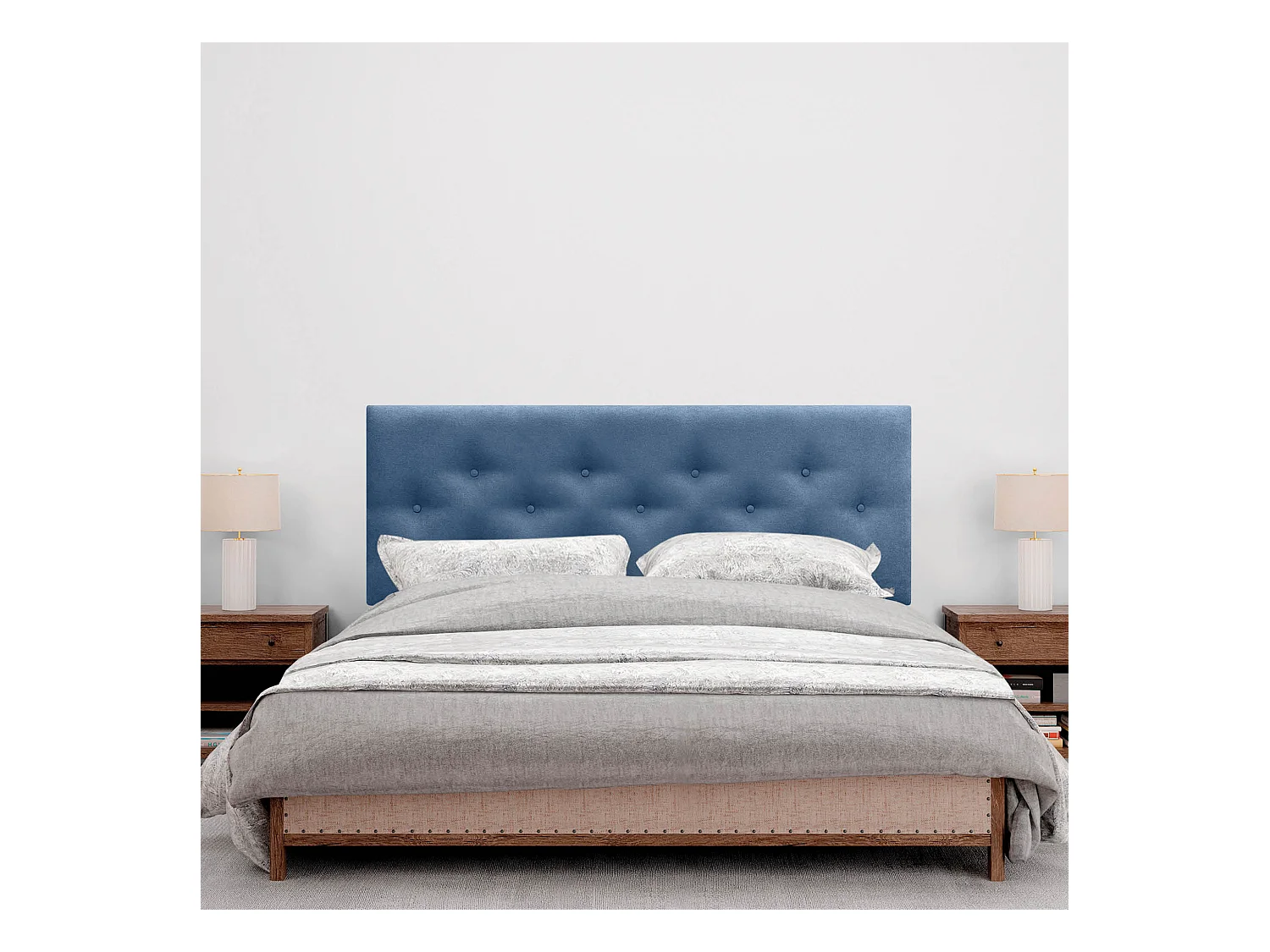 DHOME Testiera in Tessuto ACUALINE con 3 File Intercalate di Bottoni e Piedini Testiera Imbottita Letto di Lusso (Blu, 135cm)